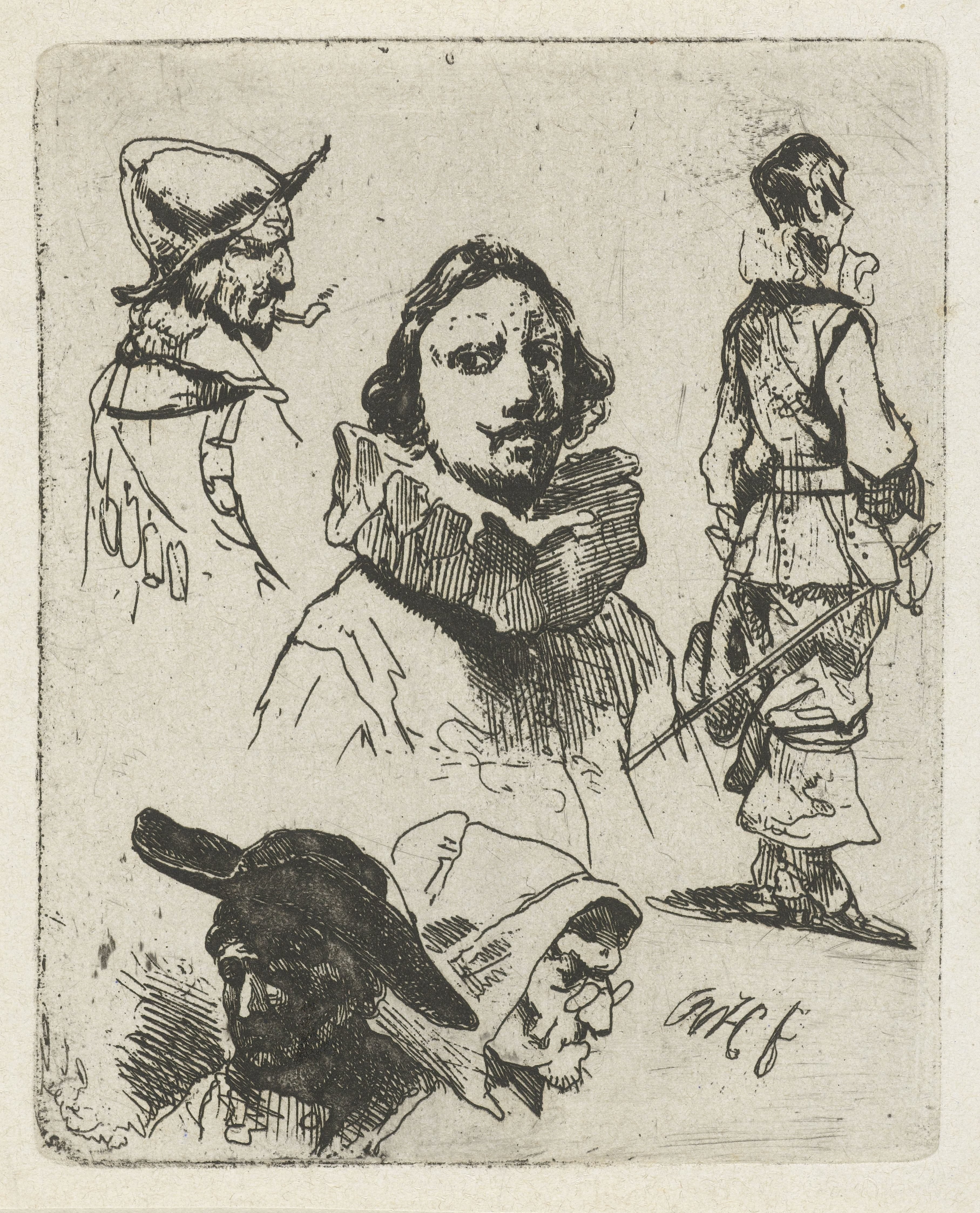 Studieblad met soldaten en een oude vrouw