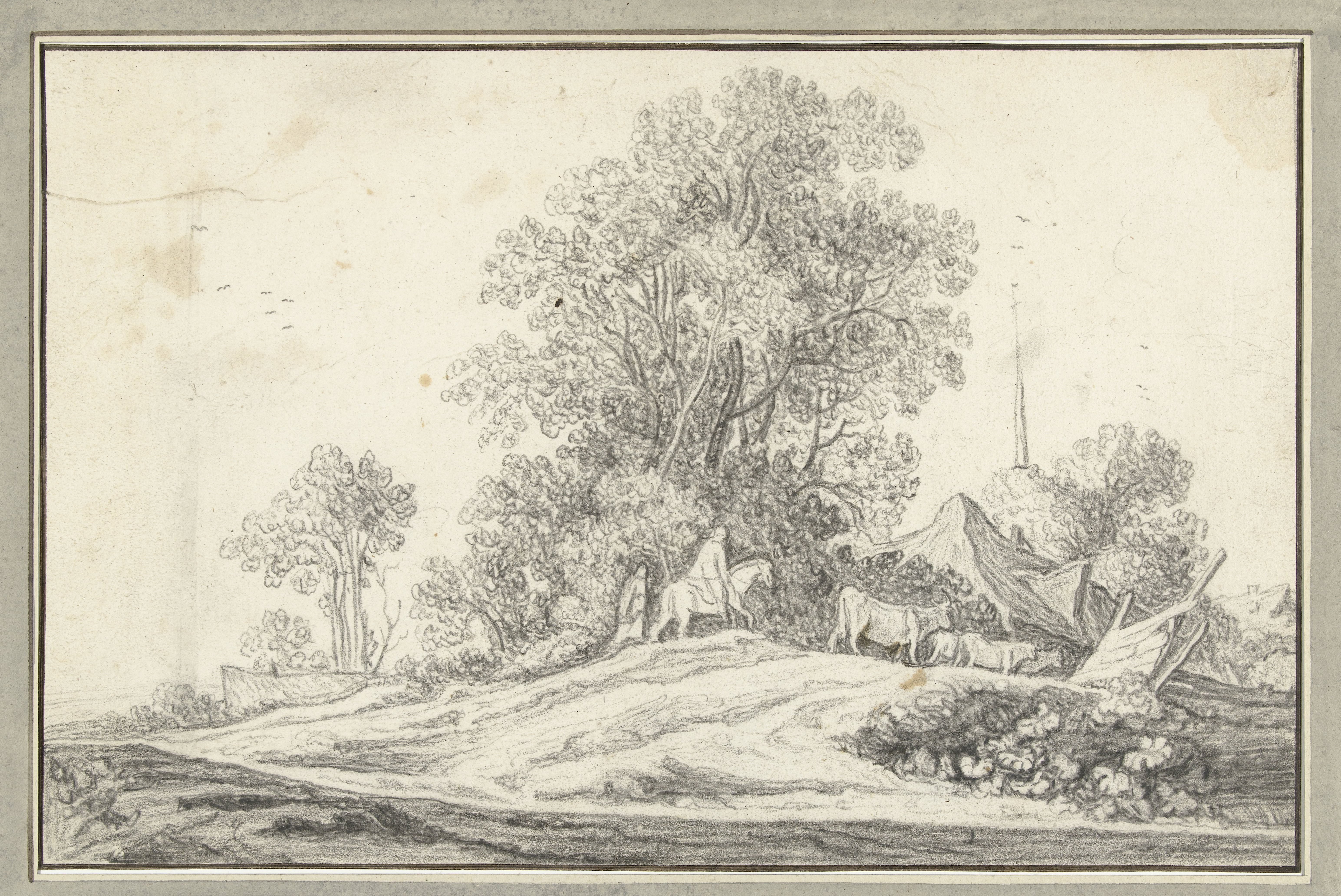 Landschap met een ruiter en koeien voor een boomgroep