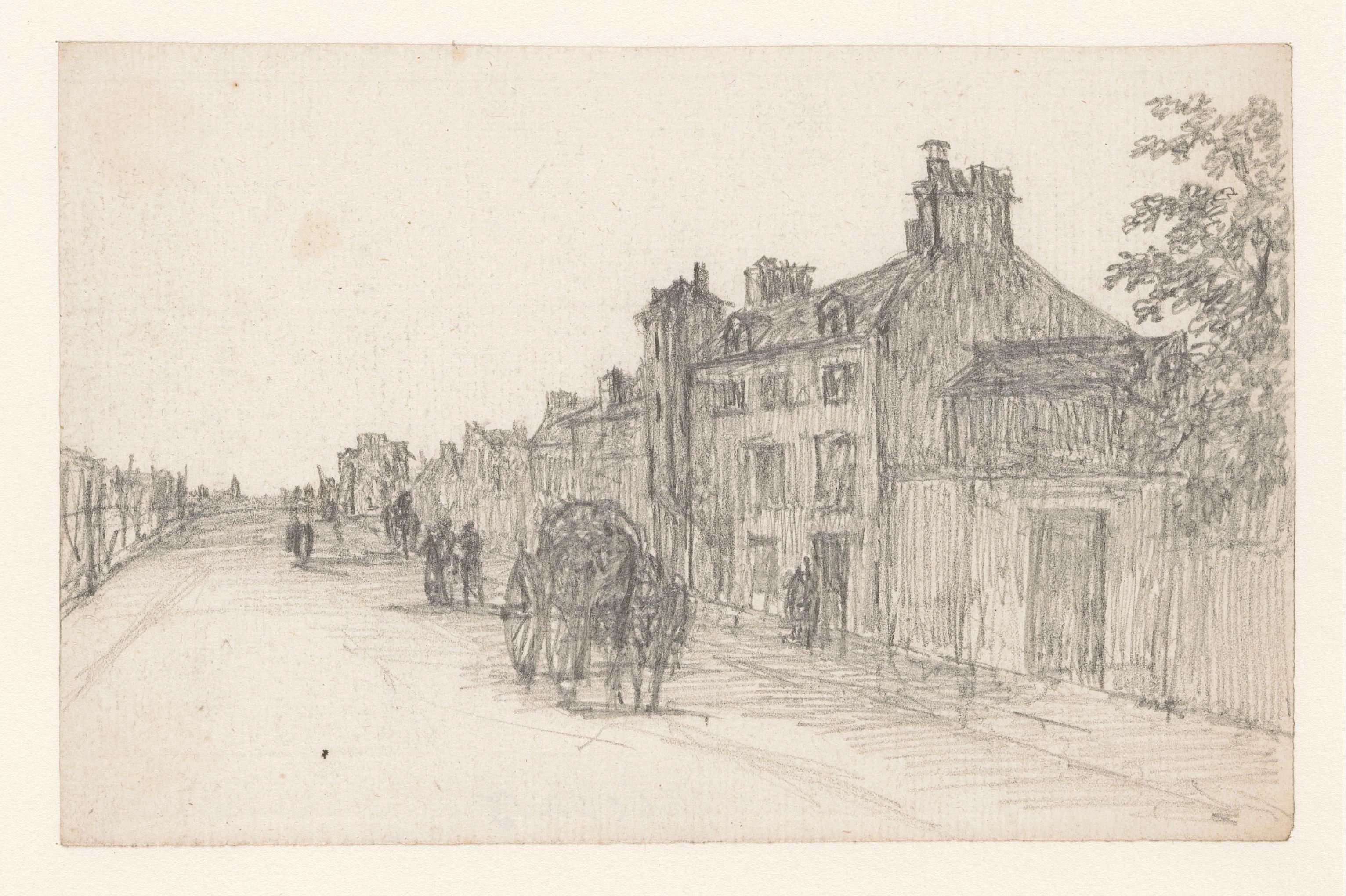 Straatweg met sleperskar; rechts huizen