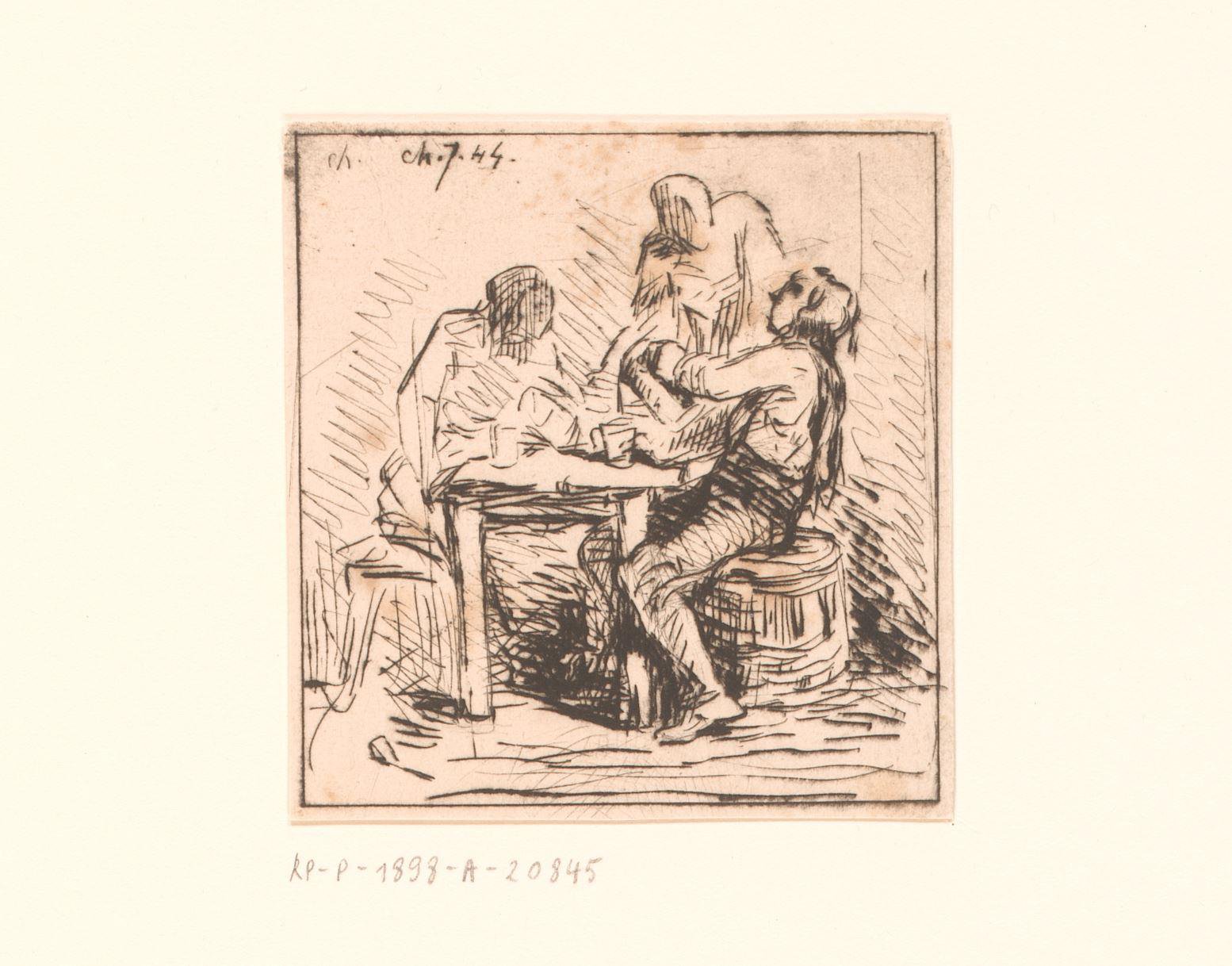 Drie figuren aan een tafel