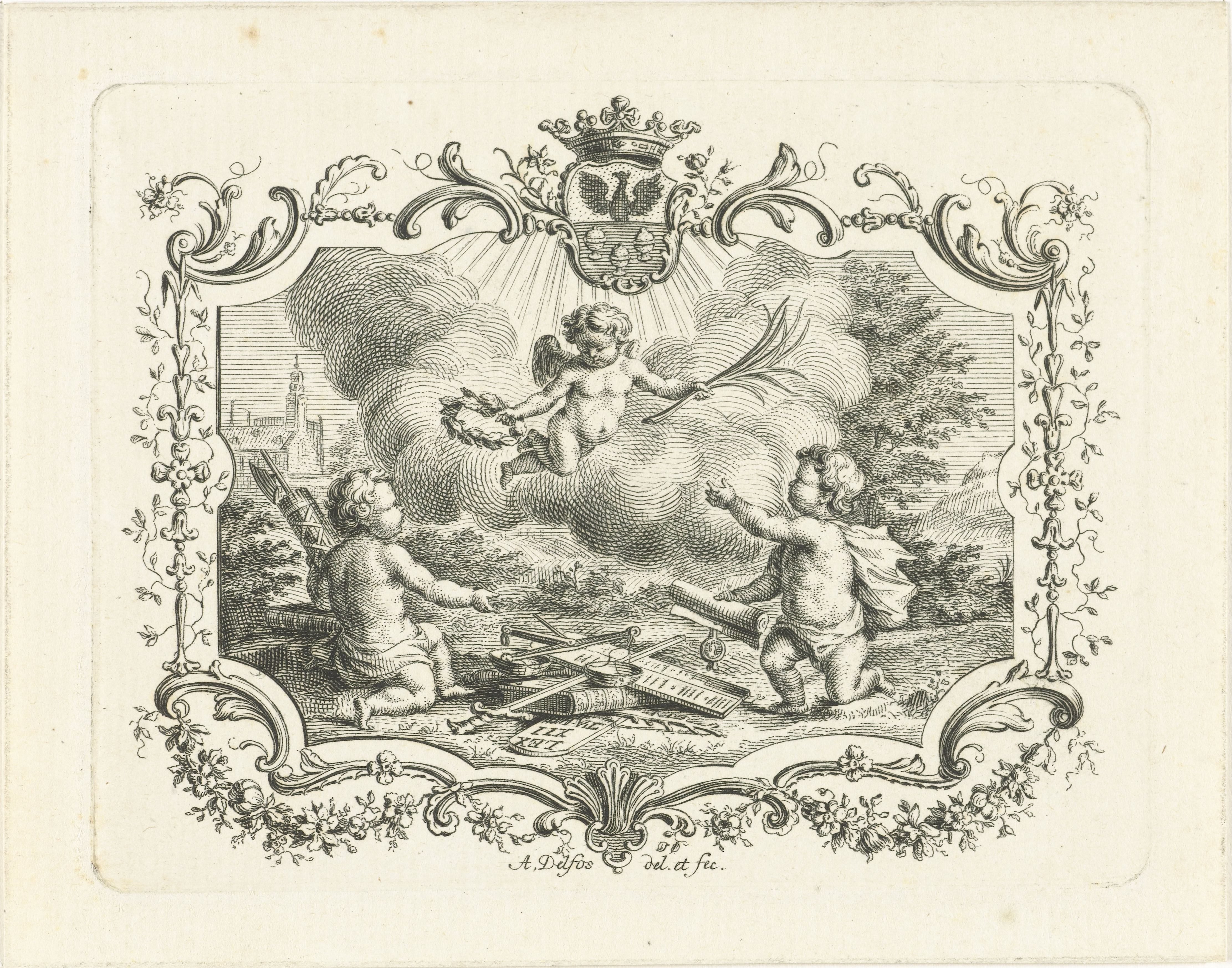 Allegorie op vrede met drie putti in cartouche