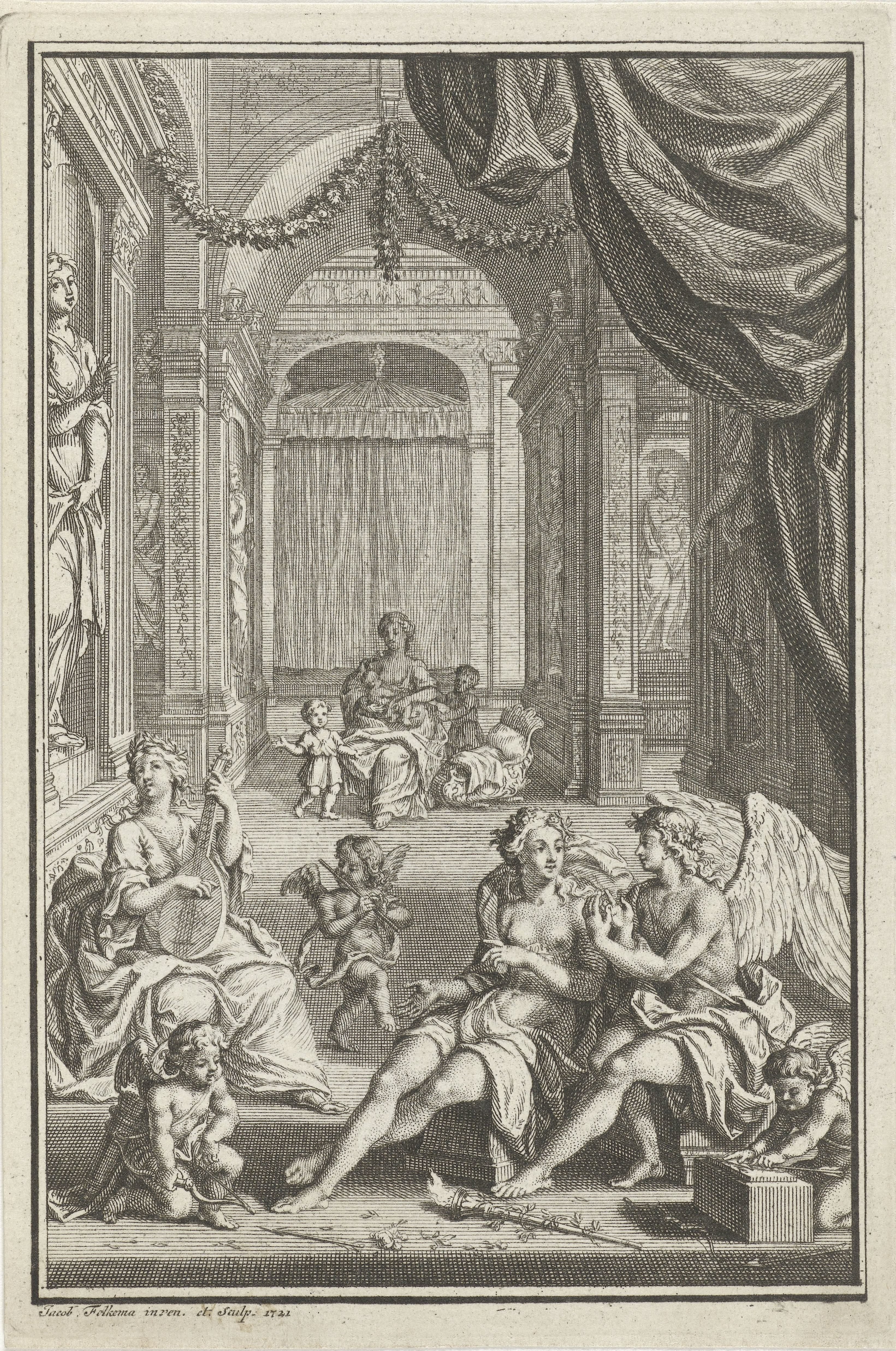 Allegorische figuren in een tempel