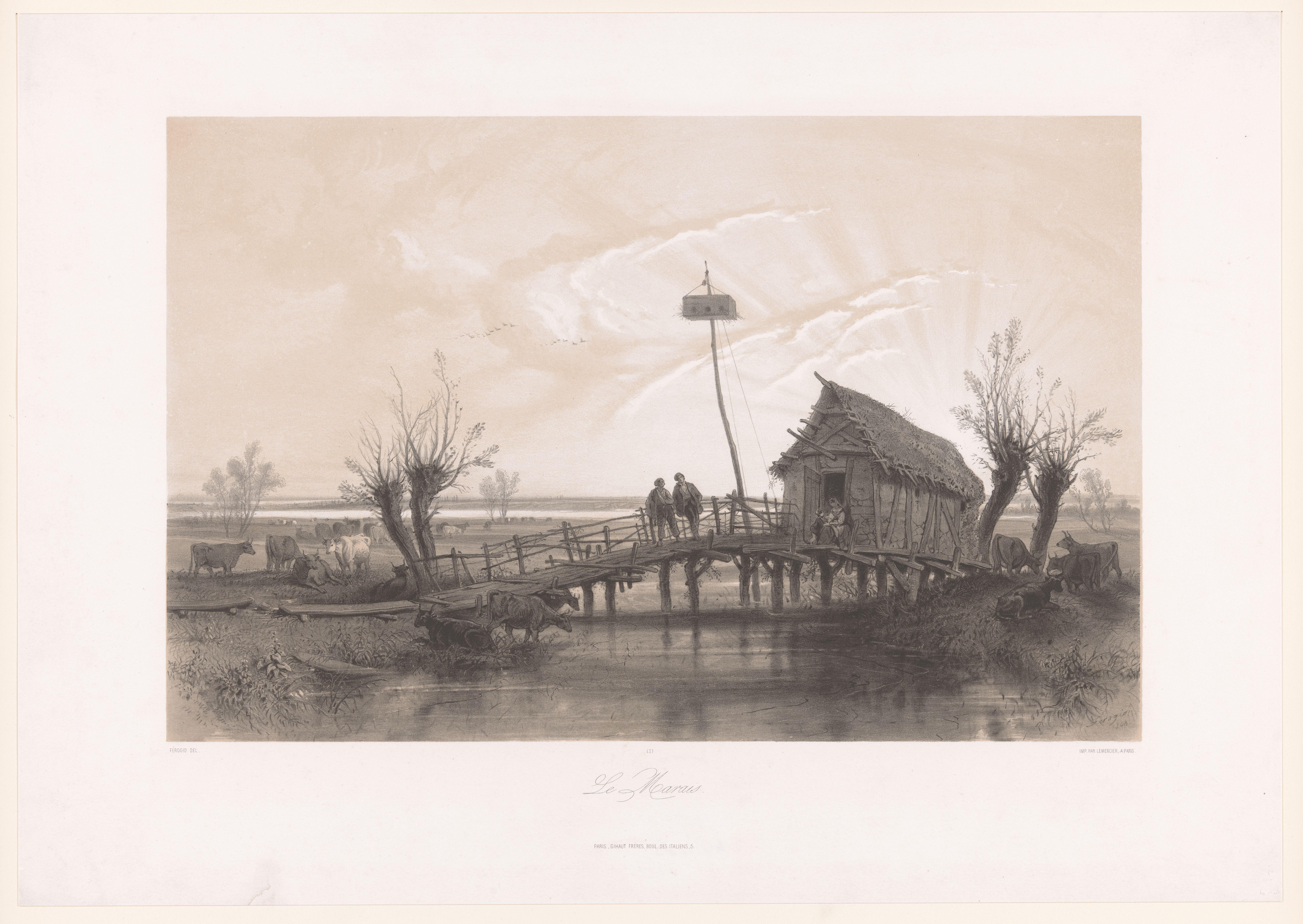 Moeraslandschap met koeien en figuren bij een huis met brug