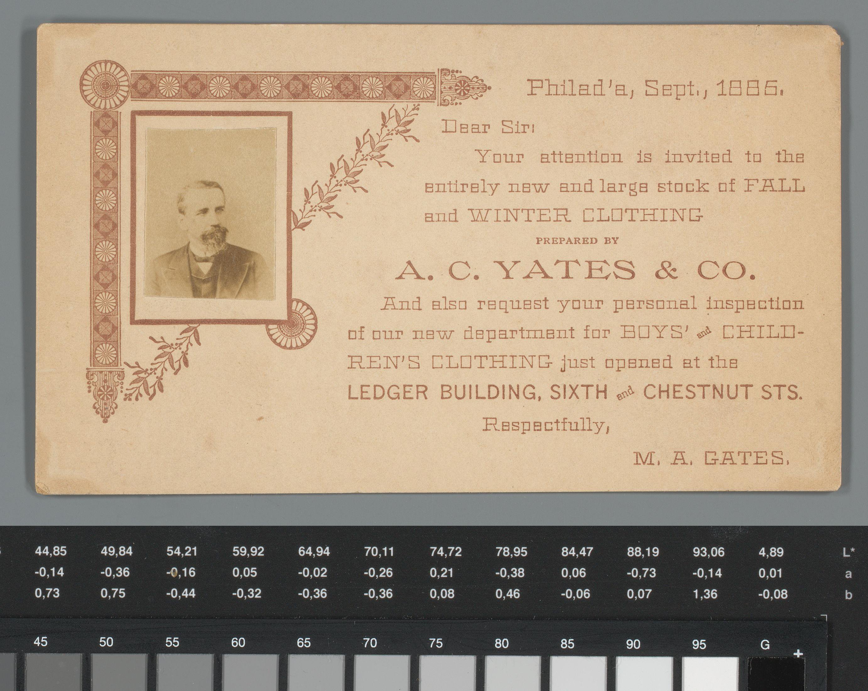 Reclame voor kleding van A. C. Yates & Company met portret van mogelijk M. A. Gates, Philadelphia