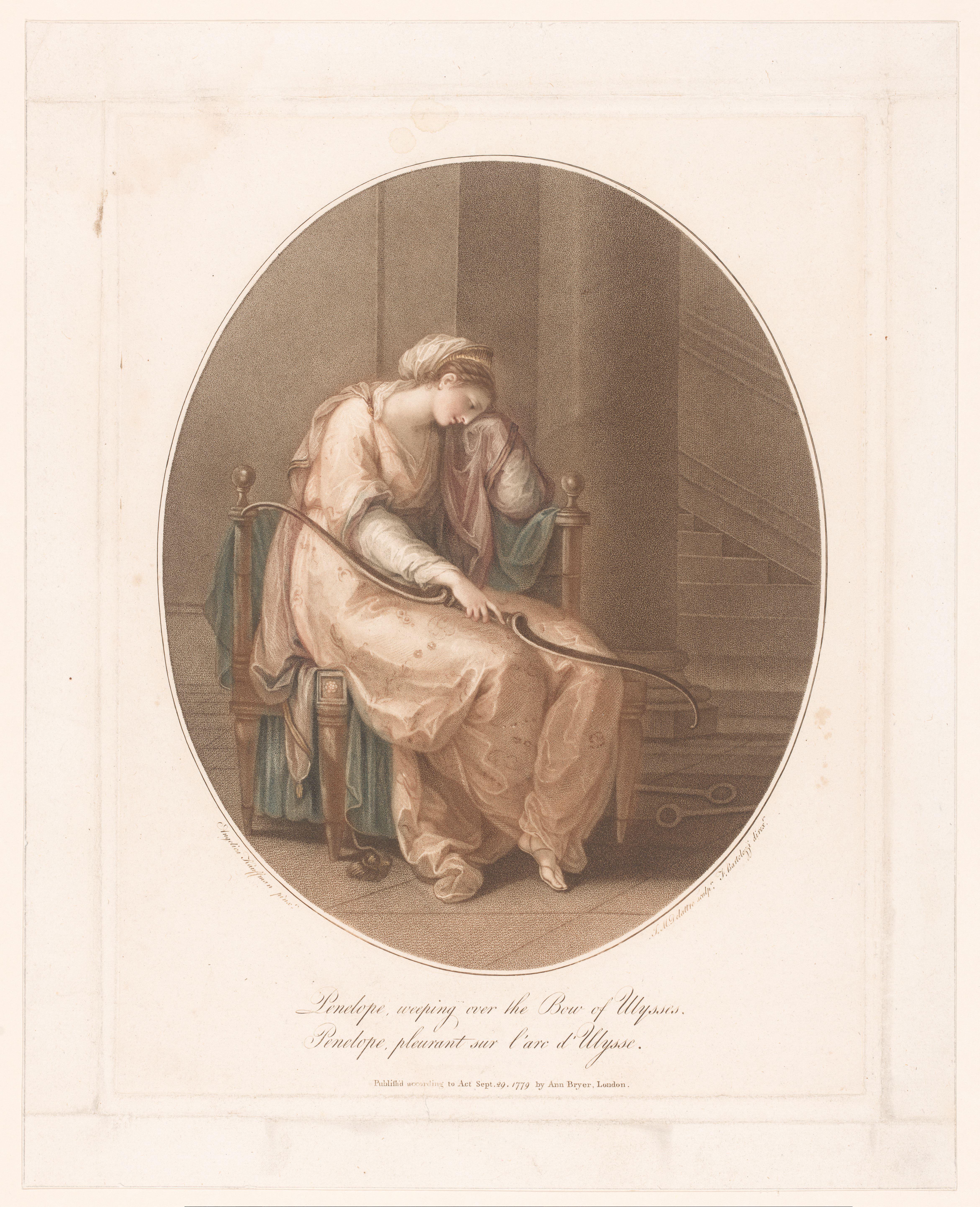 Penelope wenend met de boog van Odysseus in haar hand