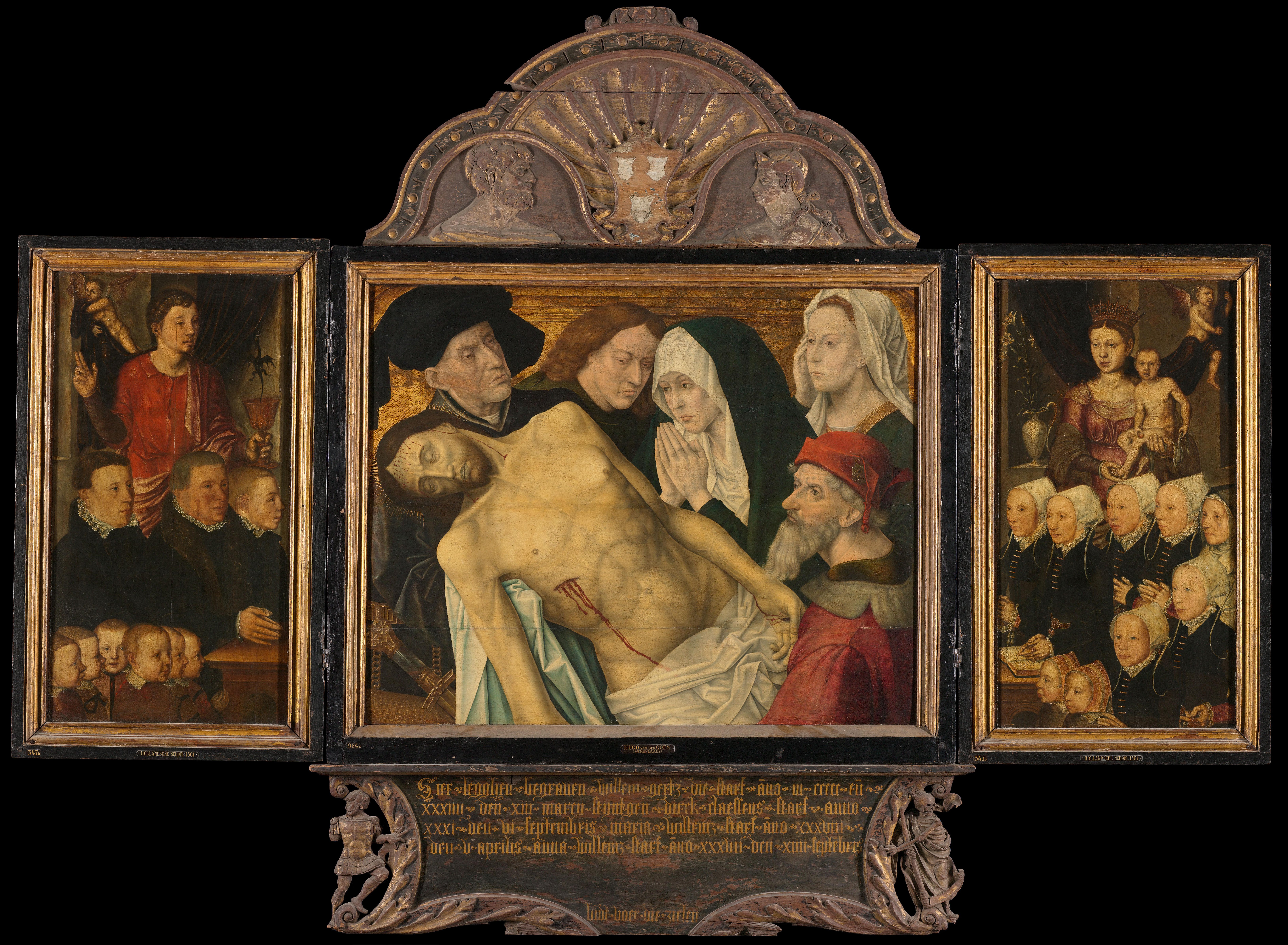 Memorial Triptych, formerly called the Gertz Memorial Triptych, with the Lamentation (central panel), nine male Donor Portraits with Saint John the Evangelist (left wing, inner), nine female Donor Portraits with the Virgin and Child (right wing, inner), Saint Peter (left wing, outer) and Saint Mary Magdalene (right wing, outer)