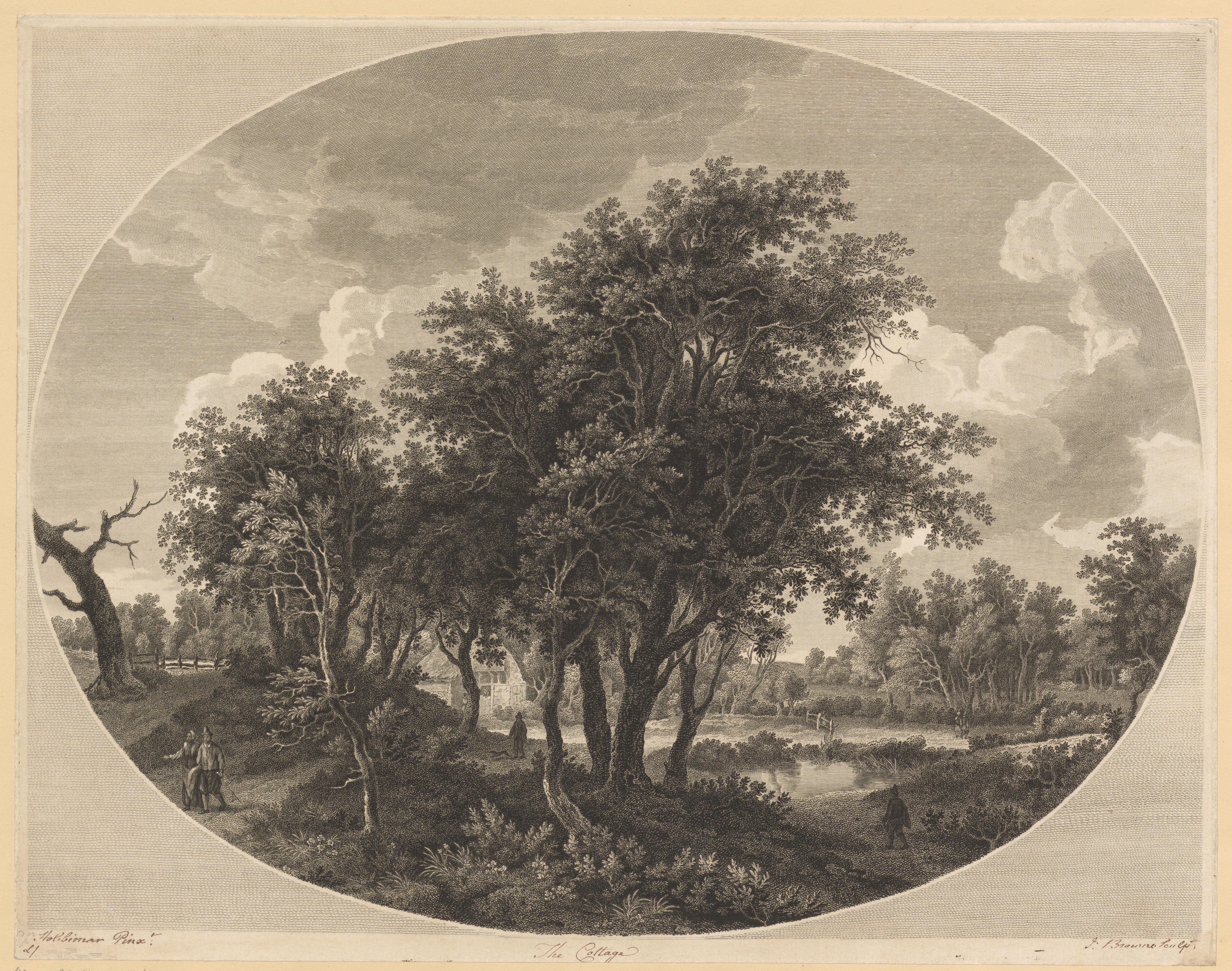 Landschap met bomen en vier wandelaars