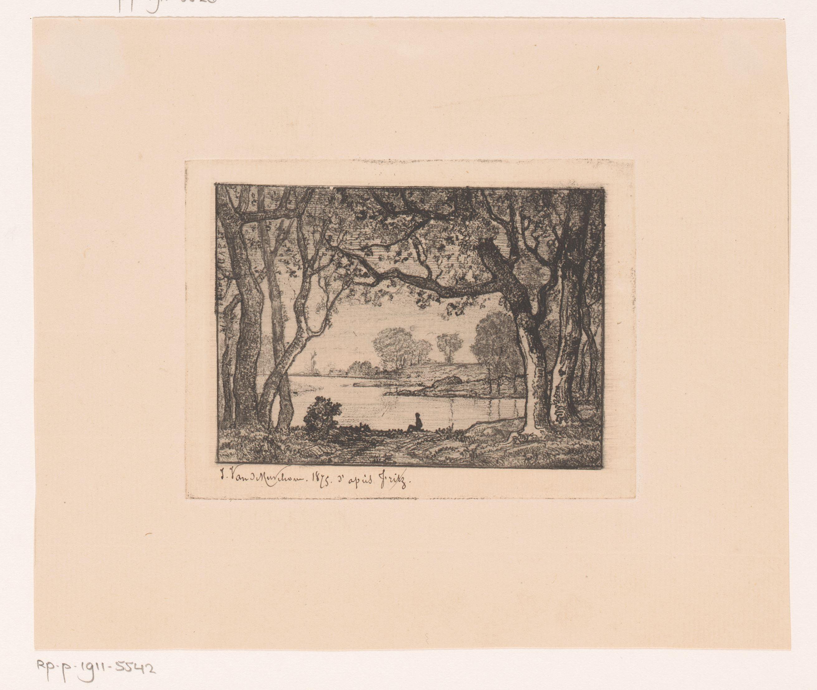Boslandschap met figuur op de oever van een vijver