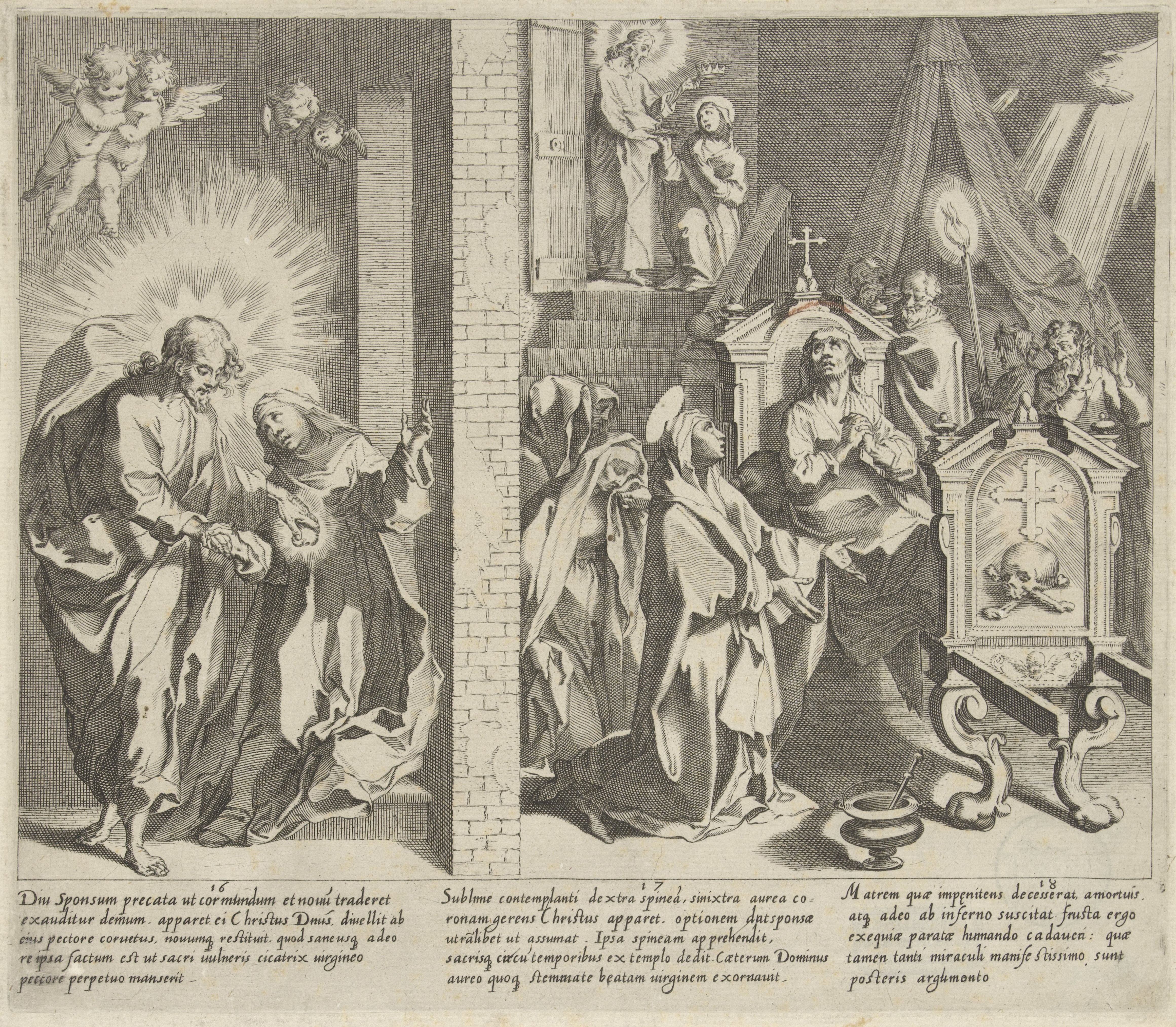 Catharina en Christus ruilen hun harten / Catharina kiest de doornenkroon / Catharina bezoekt een zieke vrouw op haar sterfbed
