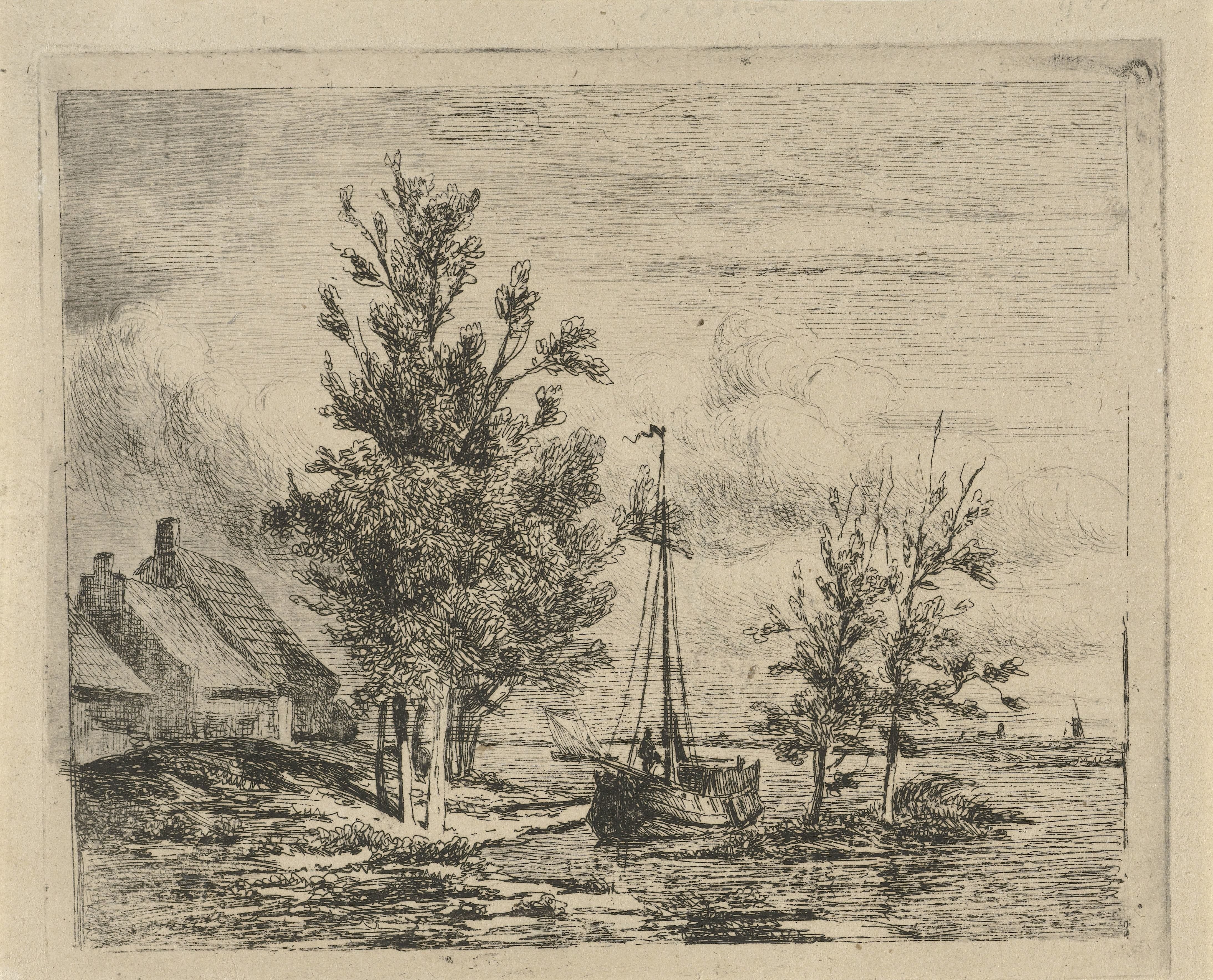 Rivierlandschap met zeilschip en boerderij