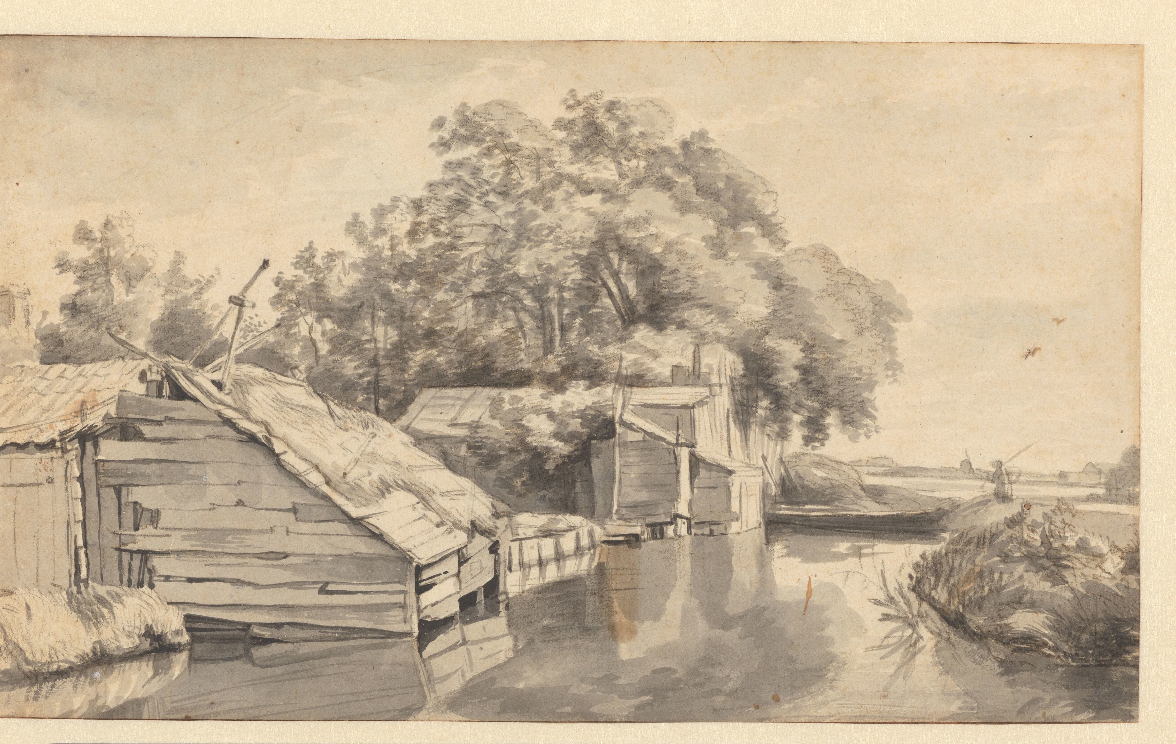 Landscape with Sheds along a Watercourse / verso: Sketch of a Tree