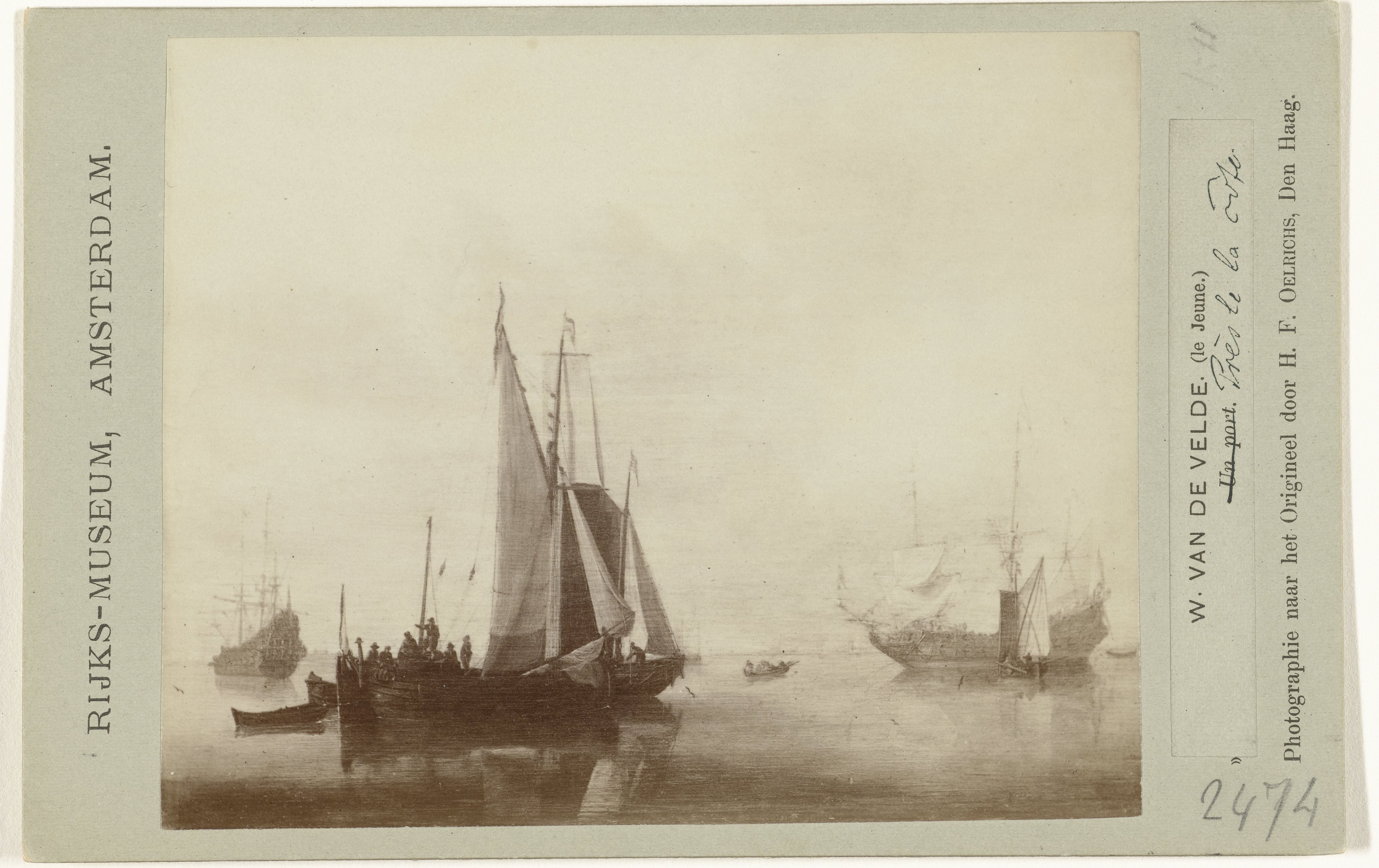 Fotoreproductie van schilderij Schepen voor de kust door Willem van de Velde II, coll. Rijksmuseum