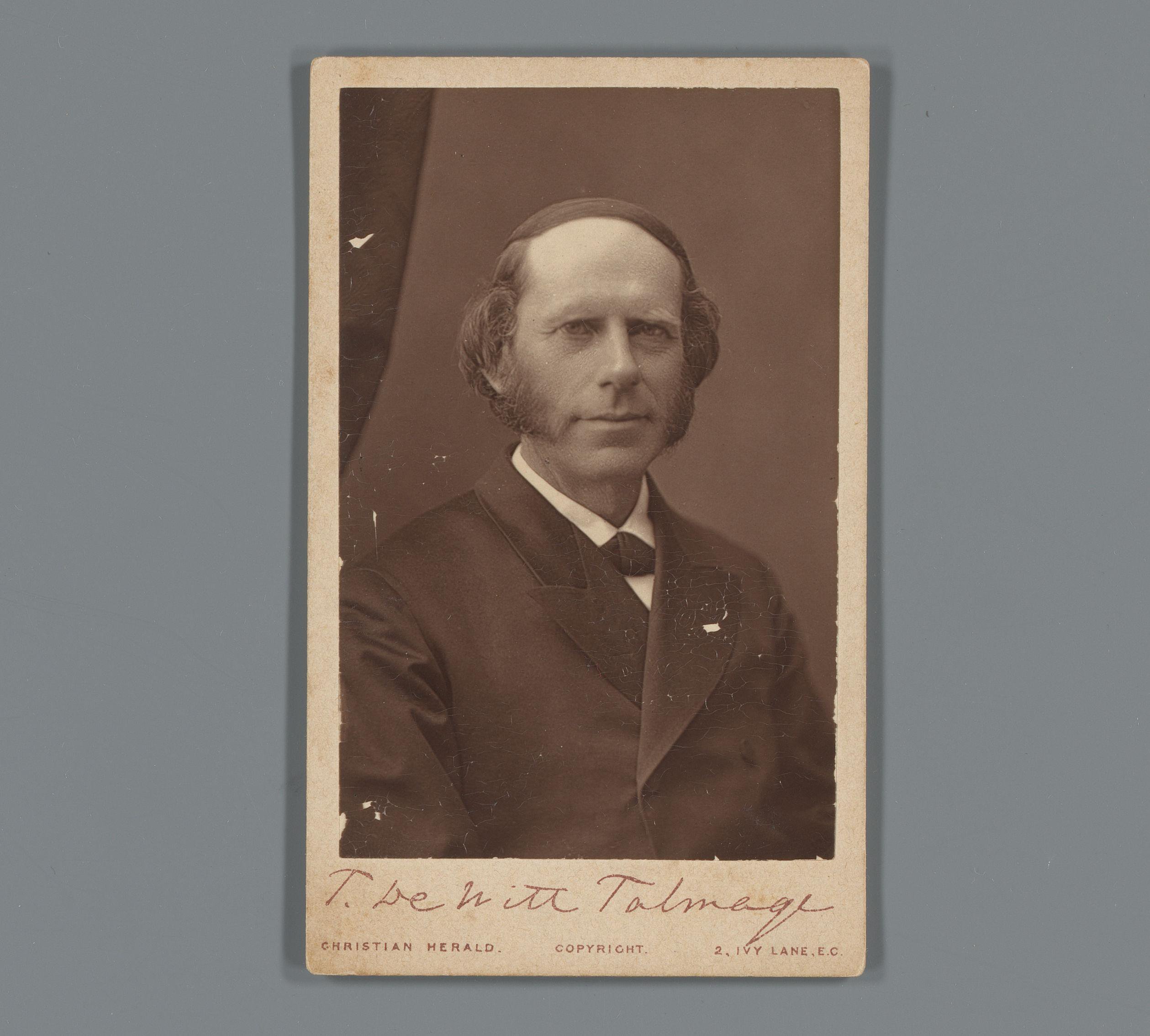 Portret van Thomas De Witt Talmage als reclame voor de Christian Herald