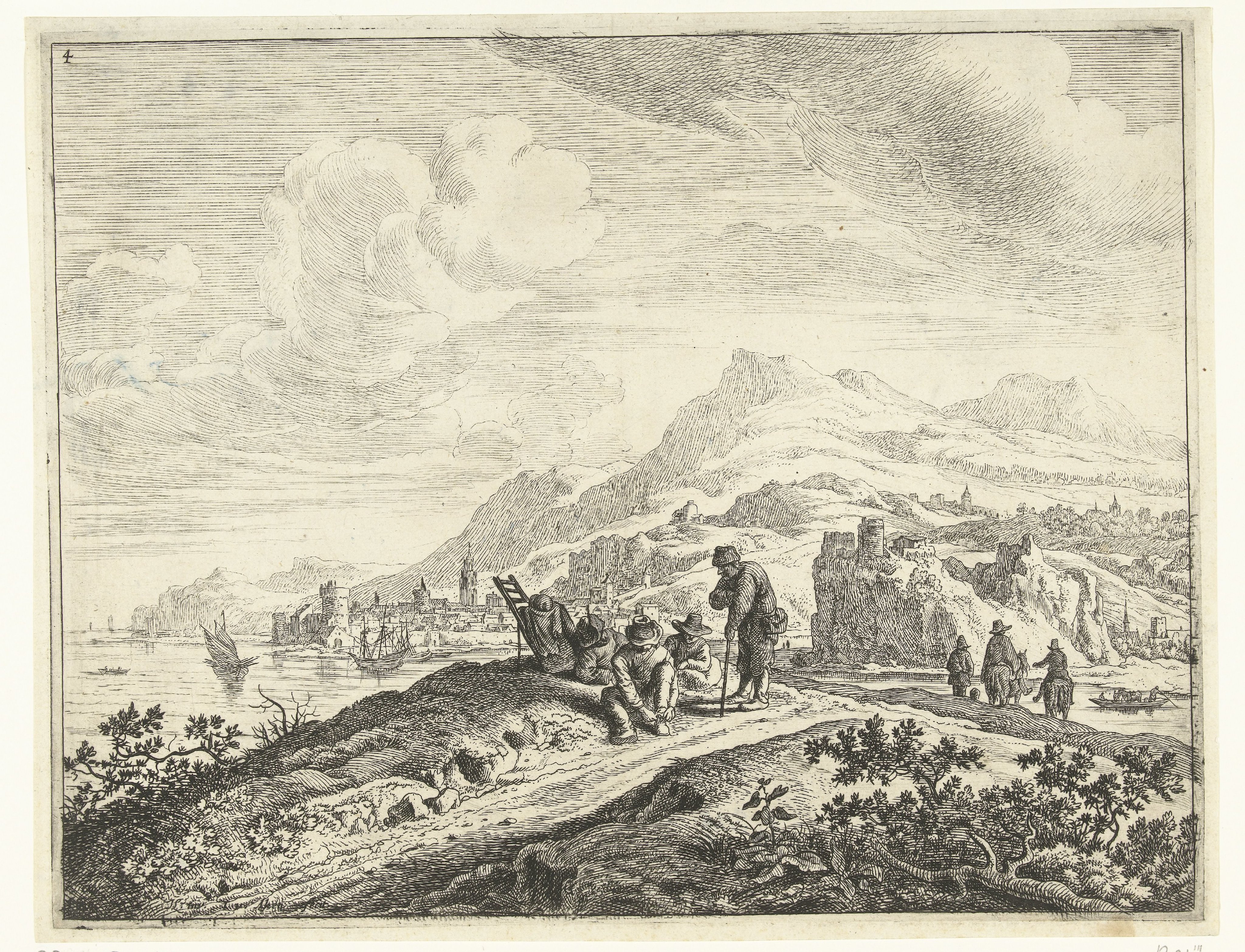 Rivierlandschap met rustende reizigers