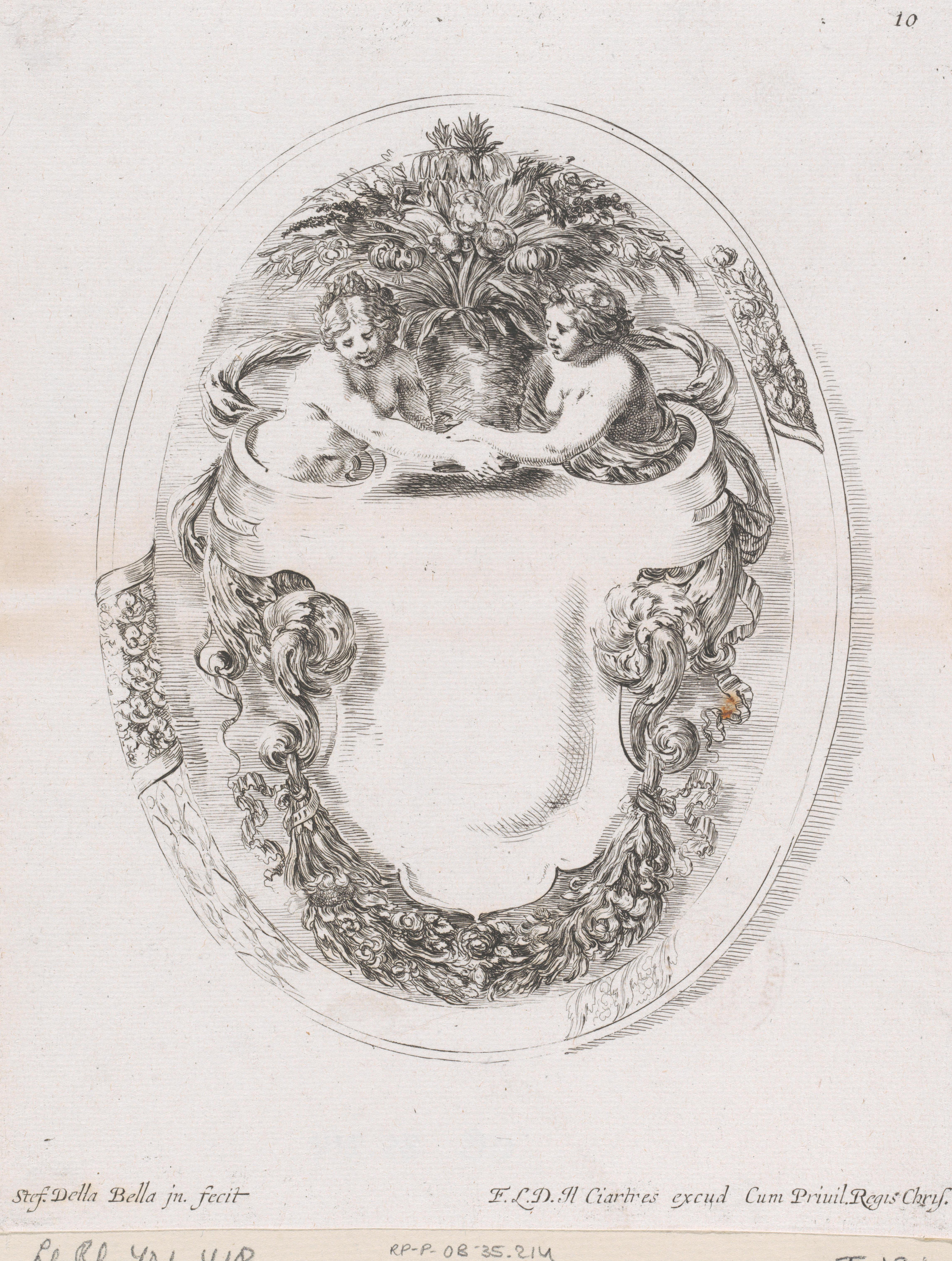 Cartouche met twee naakte vrouwen uitlopend in bladornament die vaas met bloemen vasthouden