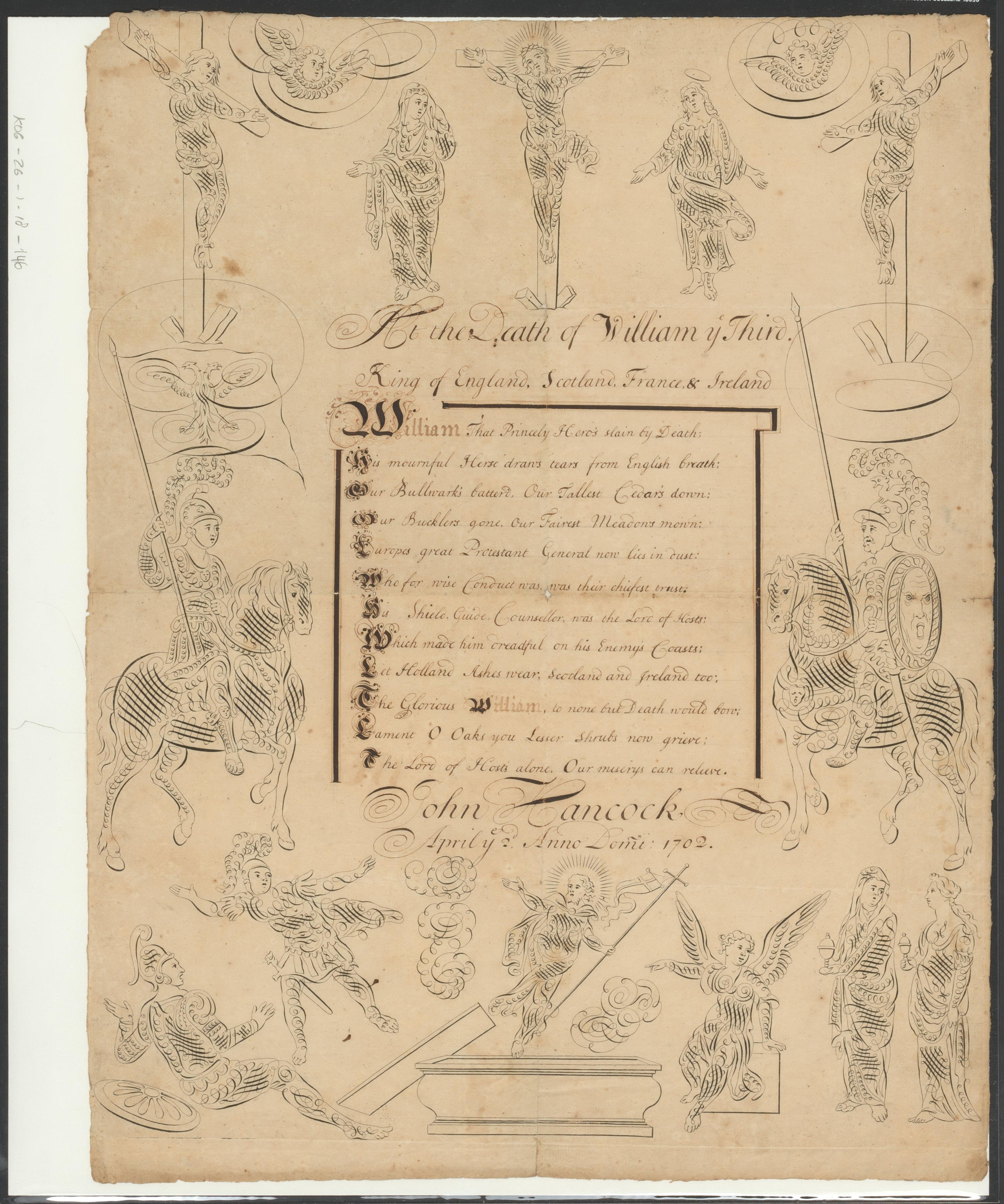 Kalligrafie op de dood van Willem III, prins van Oranje en koning van Engeland, Schotland en Ierland, 1702