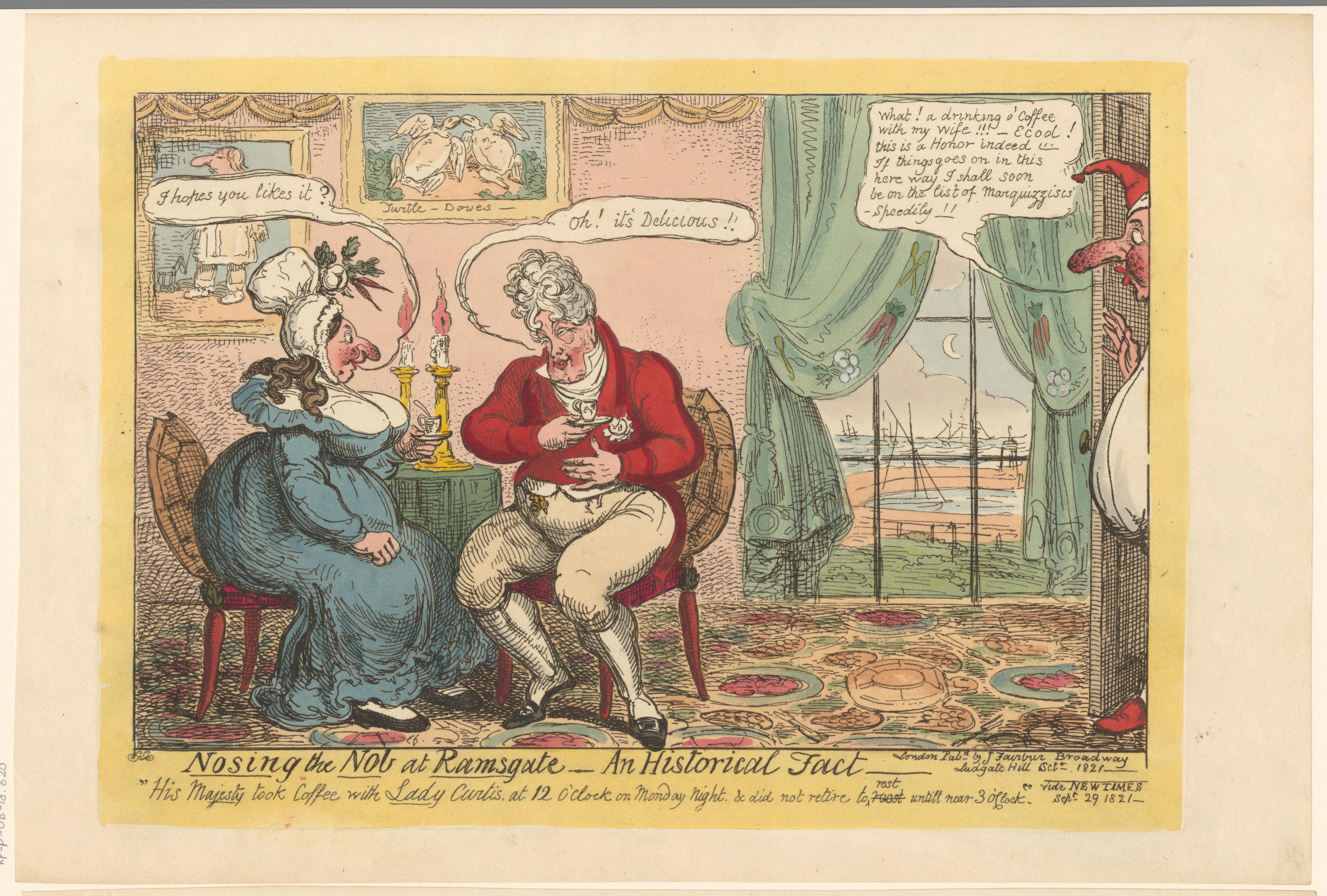 George IV drinkt koffie met Anne Curtis terwijl haar man William Curtis de kamer binnenloopt