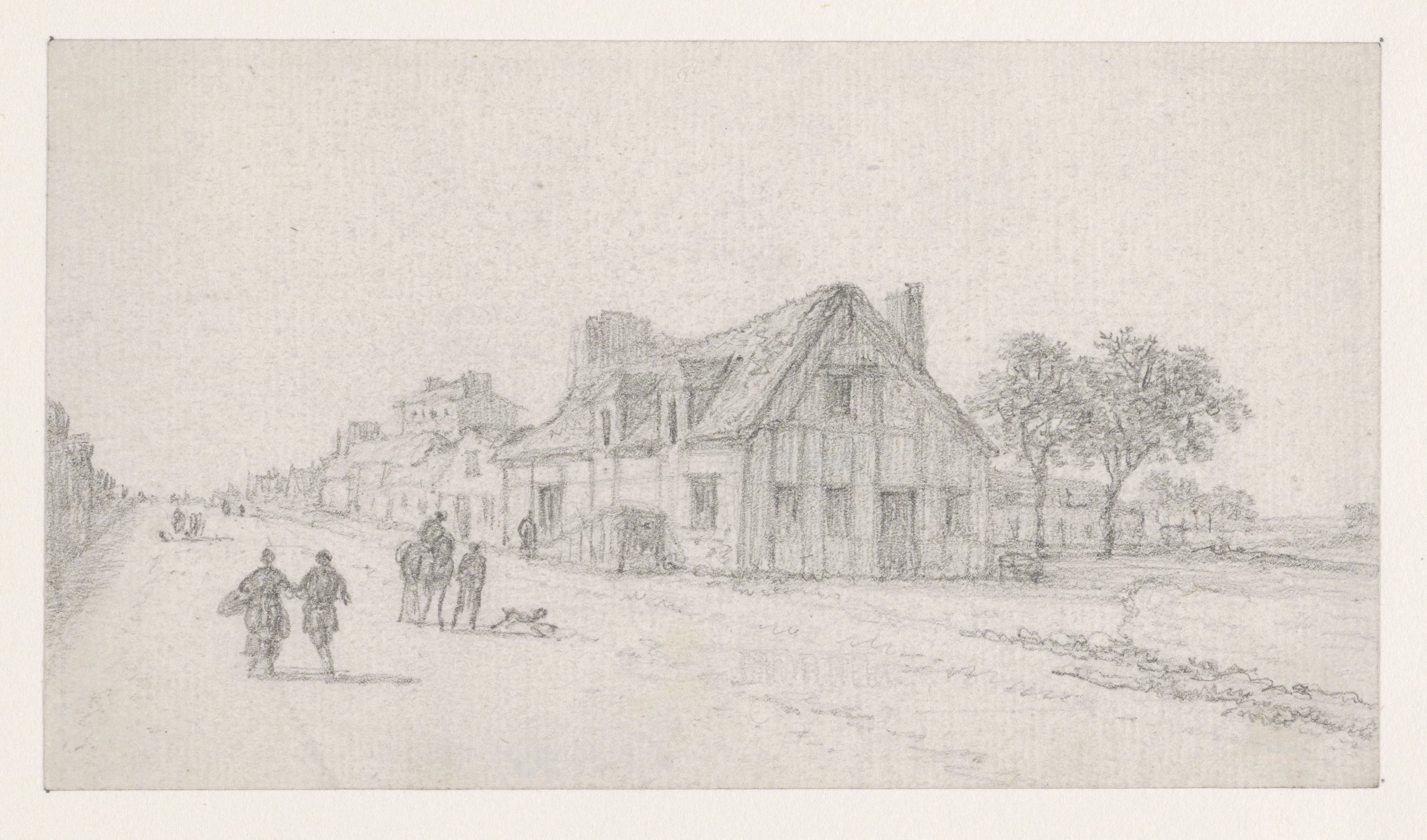 Landweg met voetgangers en ruiter, rechts een boerderij