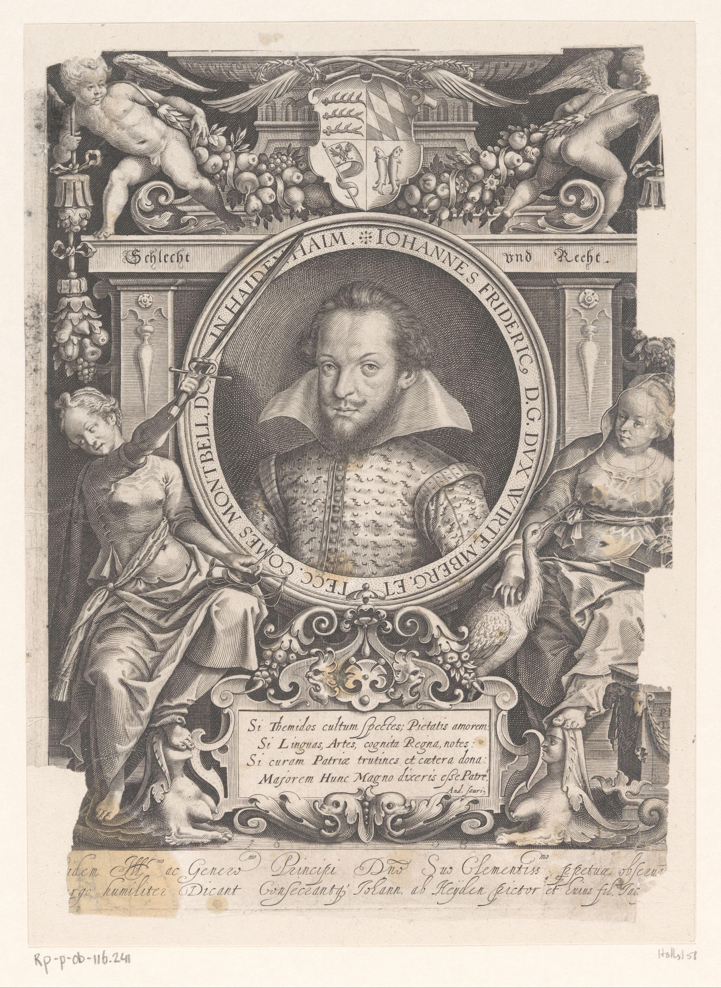 Portret van Johann Friedrich von Württemberg in decoratieve omlijsting met de personificaties Rechtvaardigheid (Justitia) en Kuisheid (Castitas)