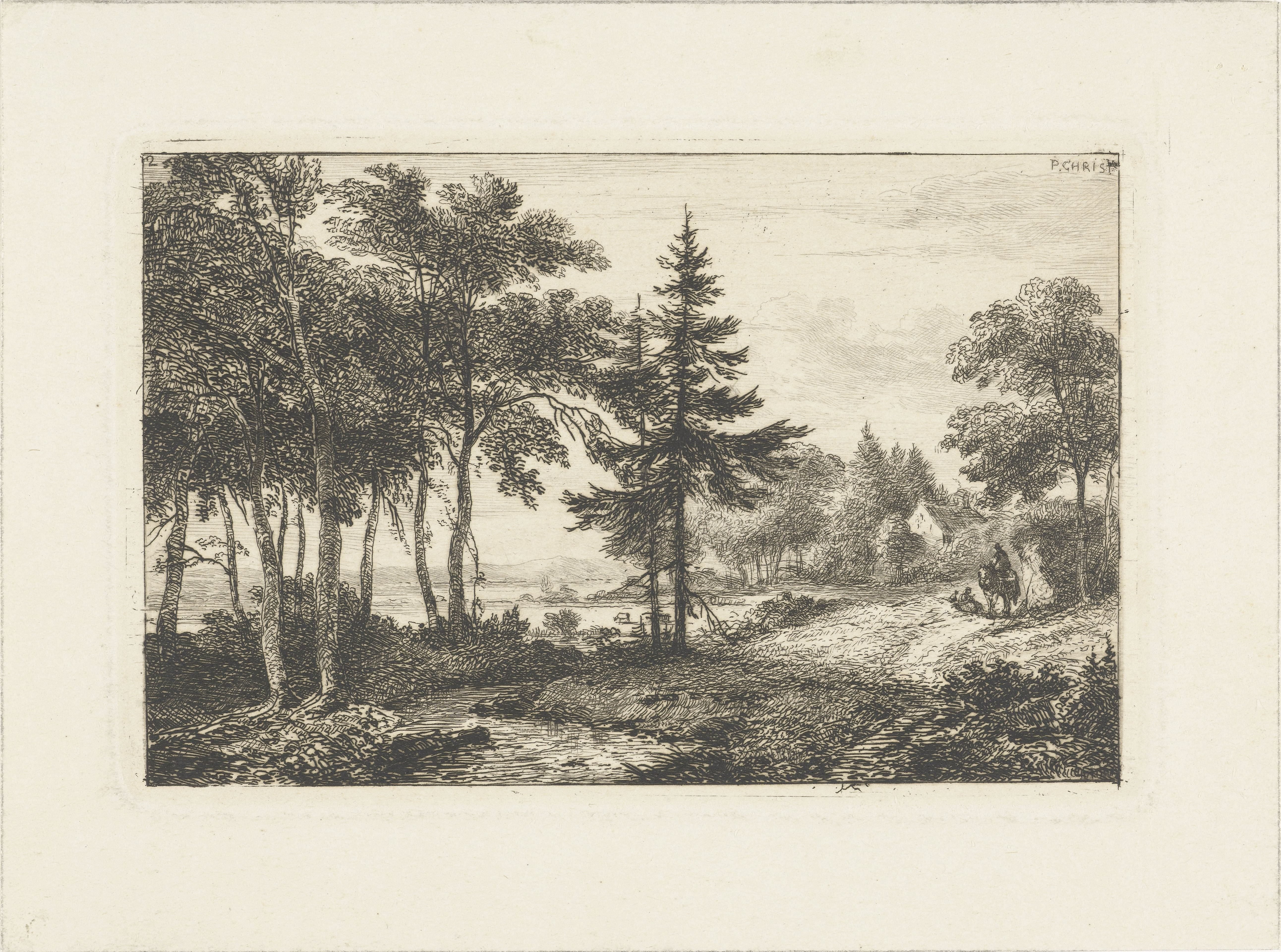 Landschap met denneboom en ruiter