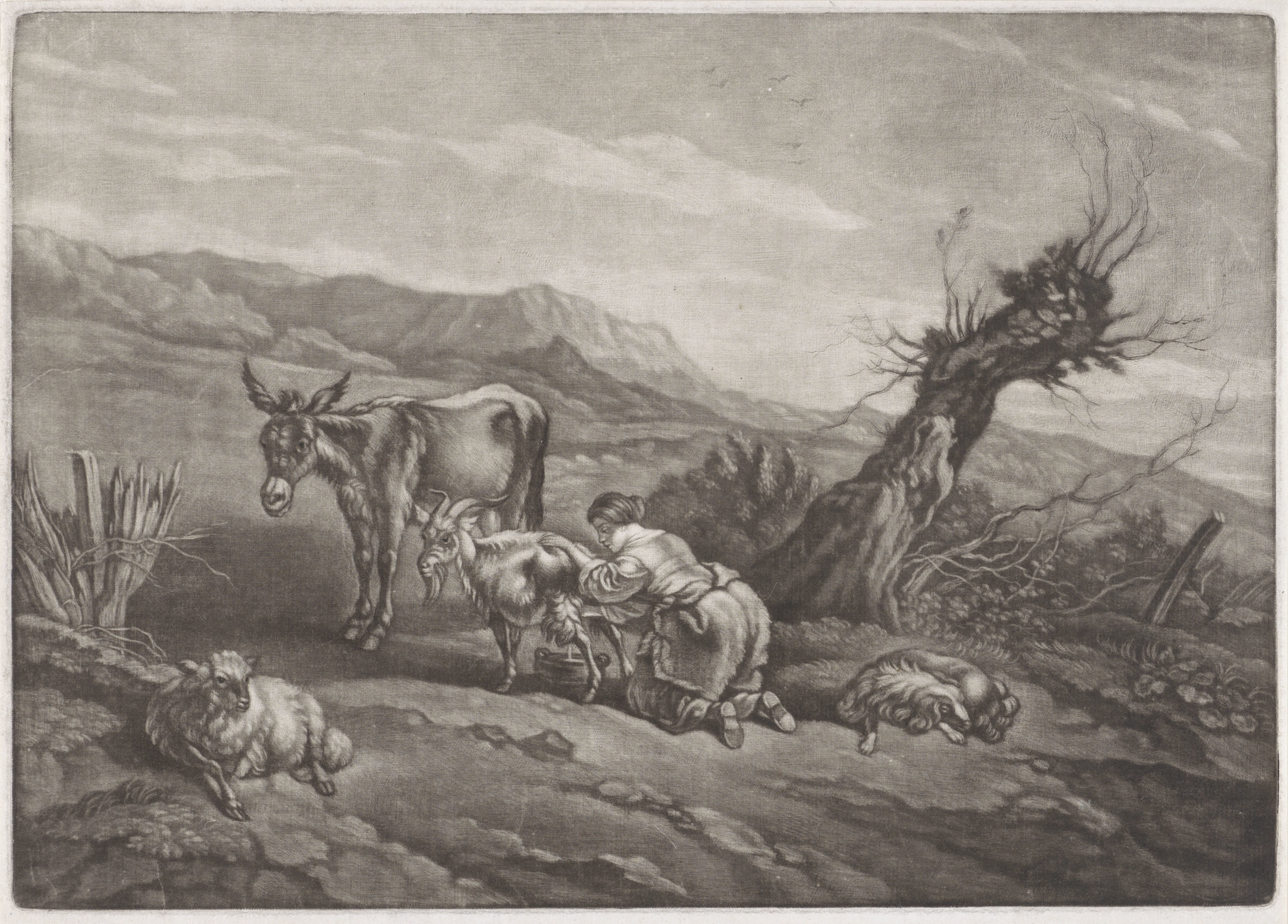 Landschap met een herderin die een geit melkt