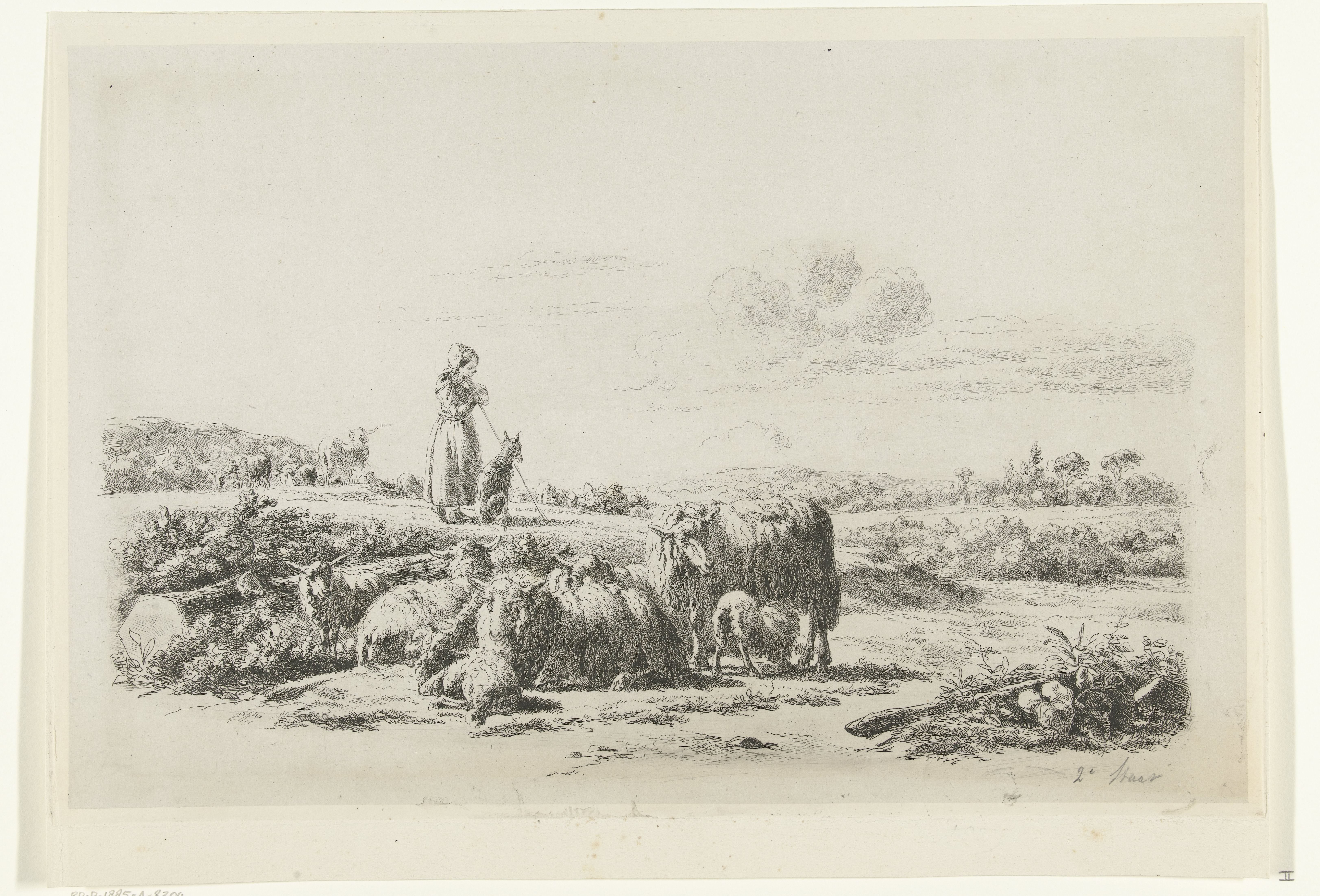 Landschap met herderin en hond bij kudde schapen