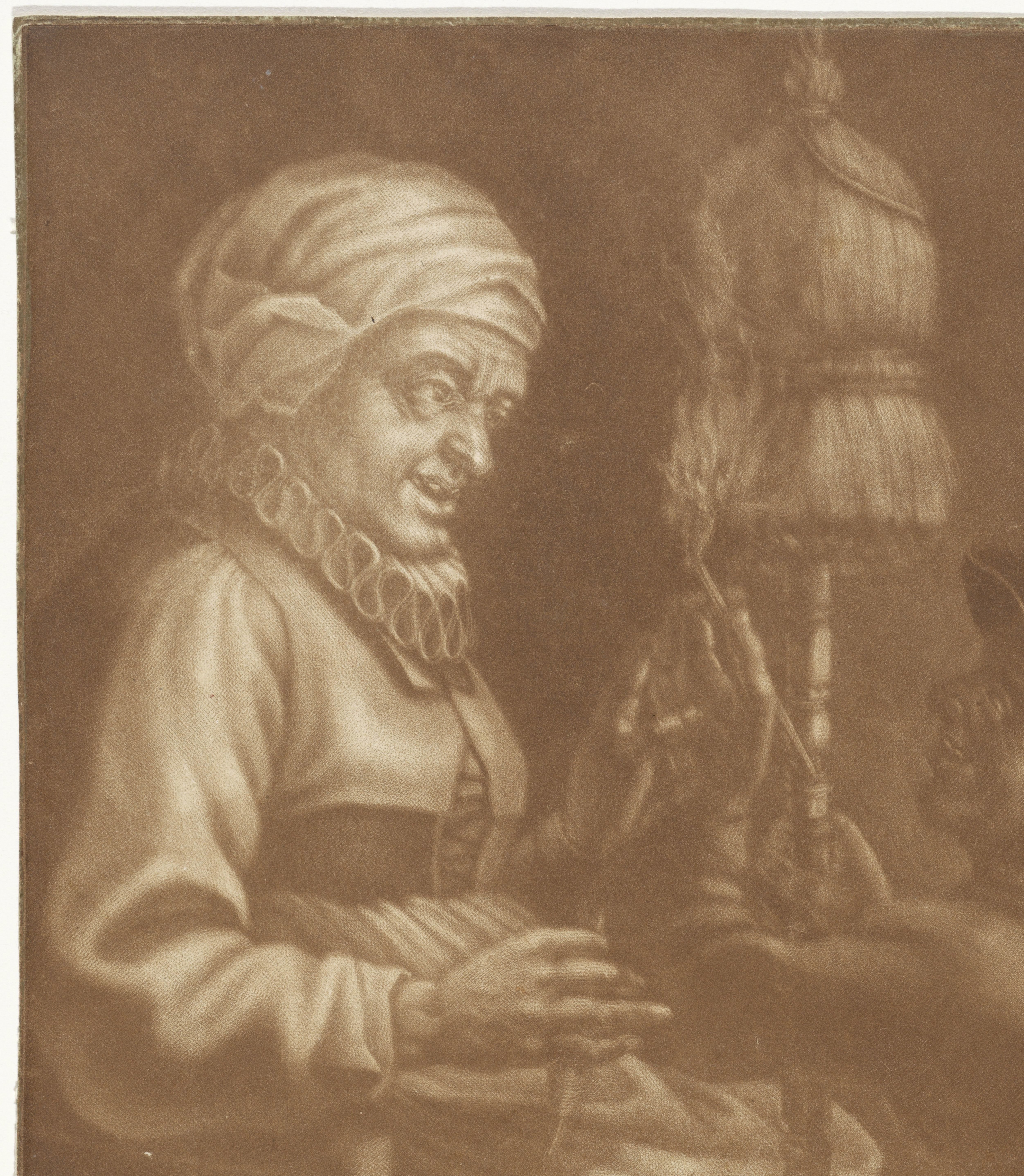 Oude vrouw met een spinrokken