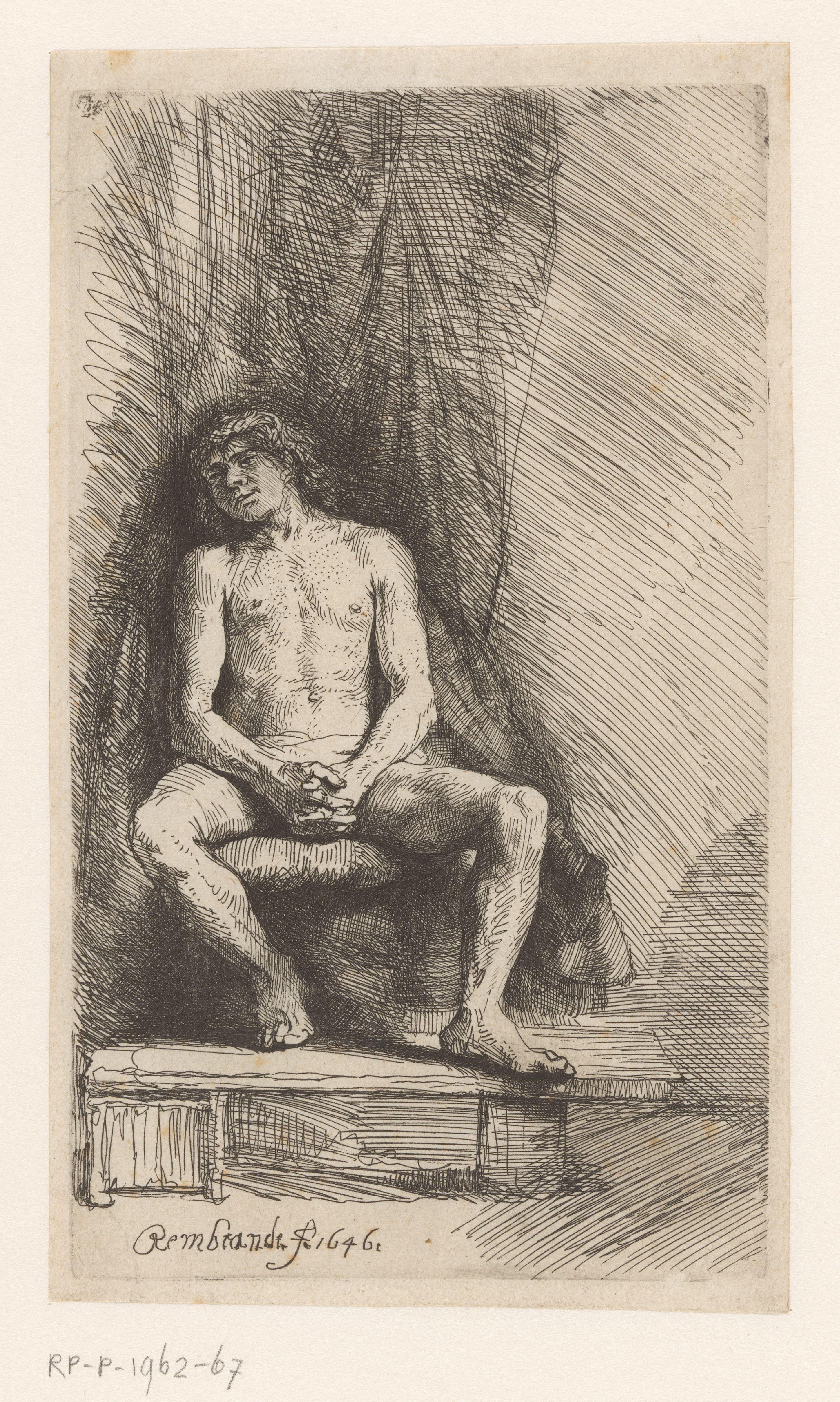 Nude man seated before a curtain