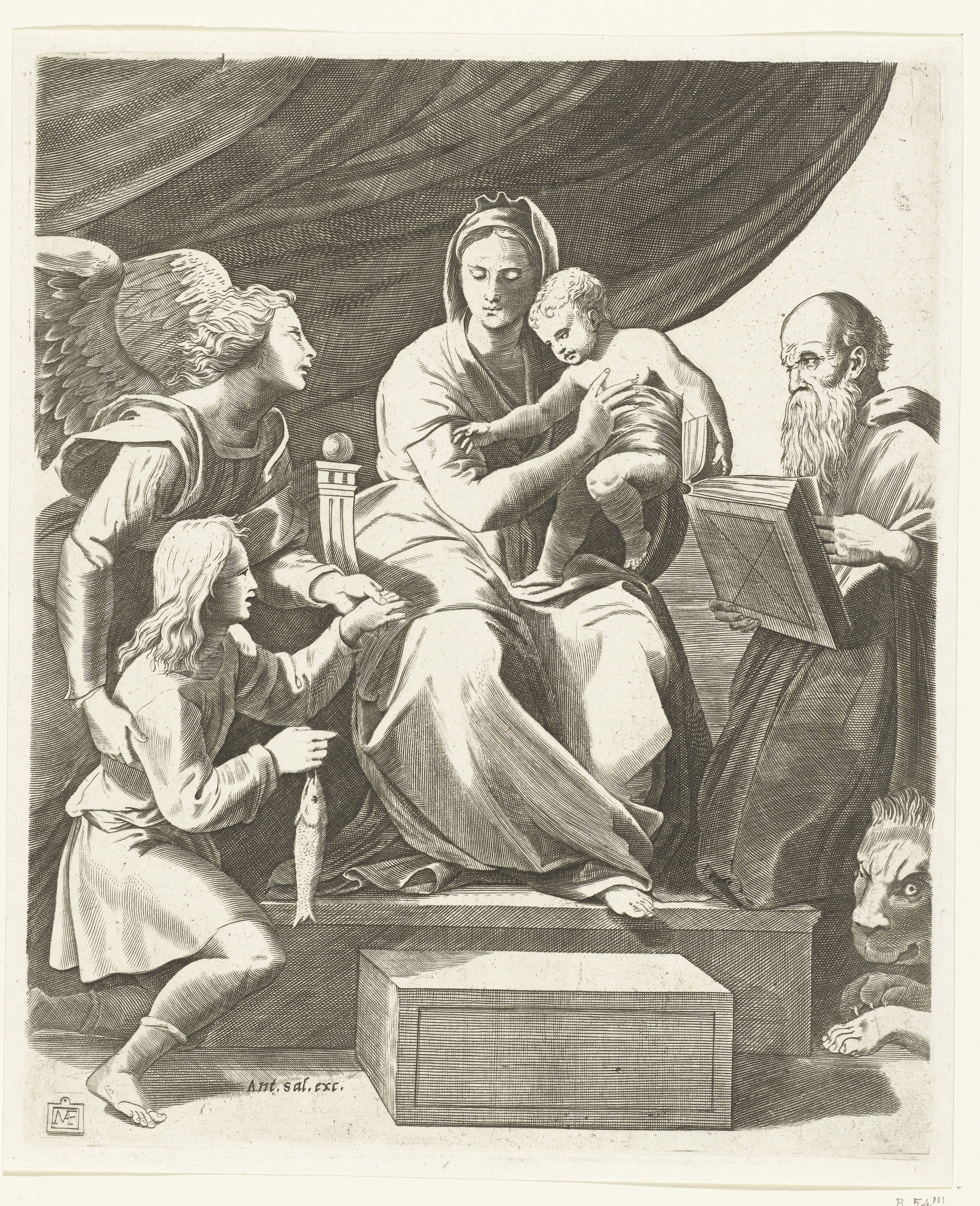 Maria met kind geflankeerd door aartsengel Michaël met Tobias met vis en heilige Hieronymus