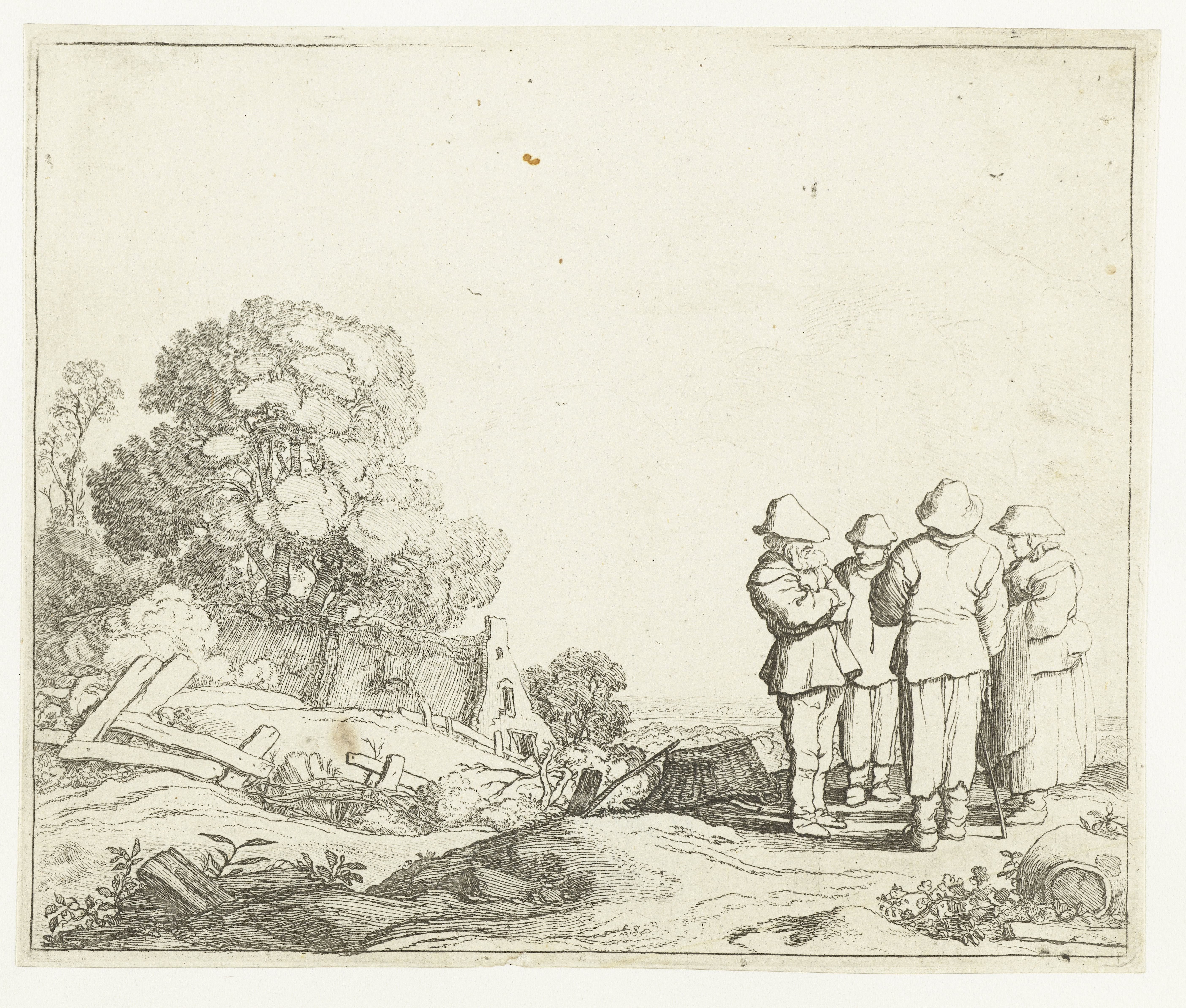 Landschap met drie boeren en een boerin