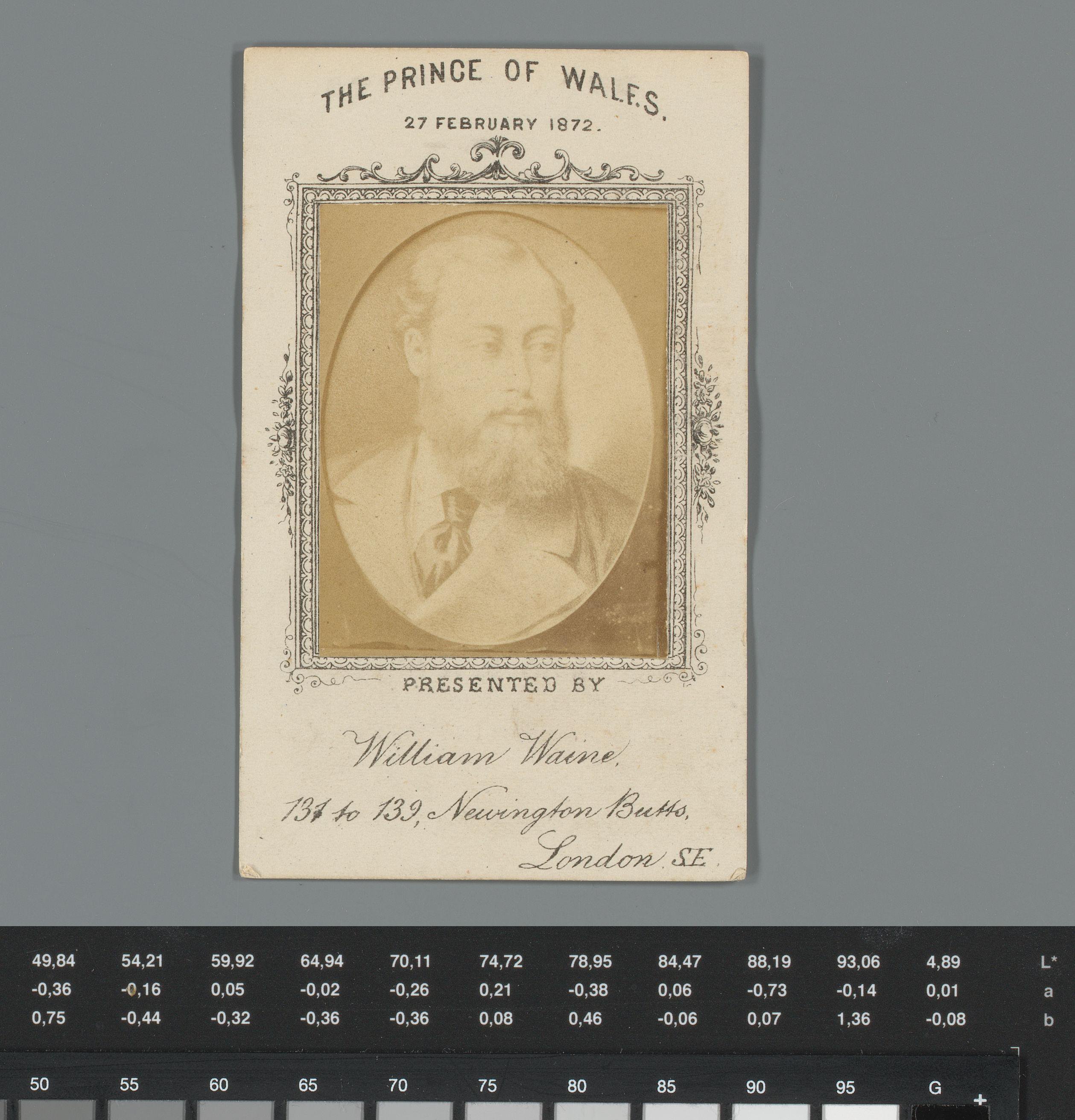 Reclame voor de meubelzaak van William Waine in Londen met fotoreproductie van een portret van Edward VII