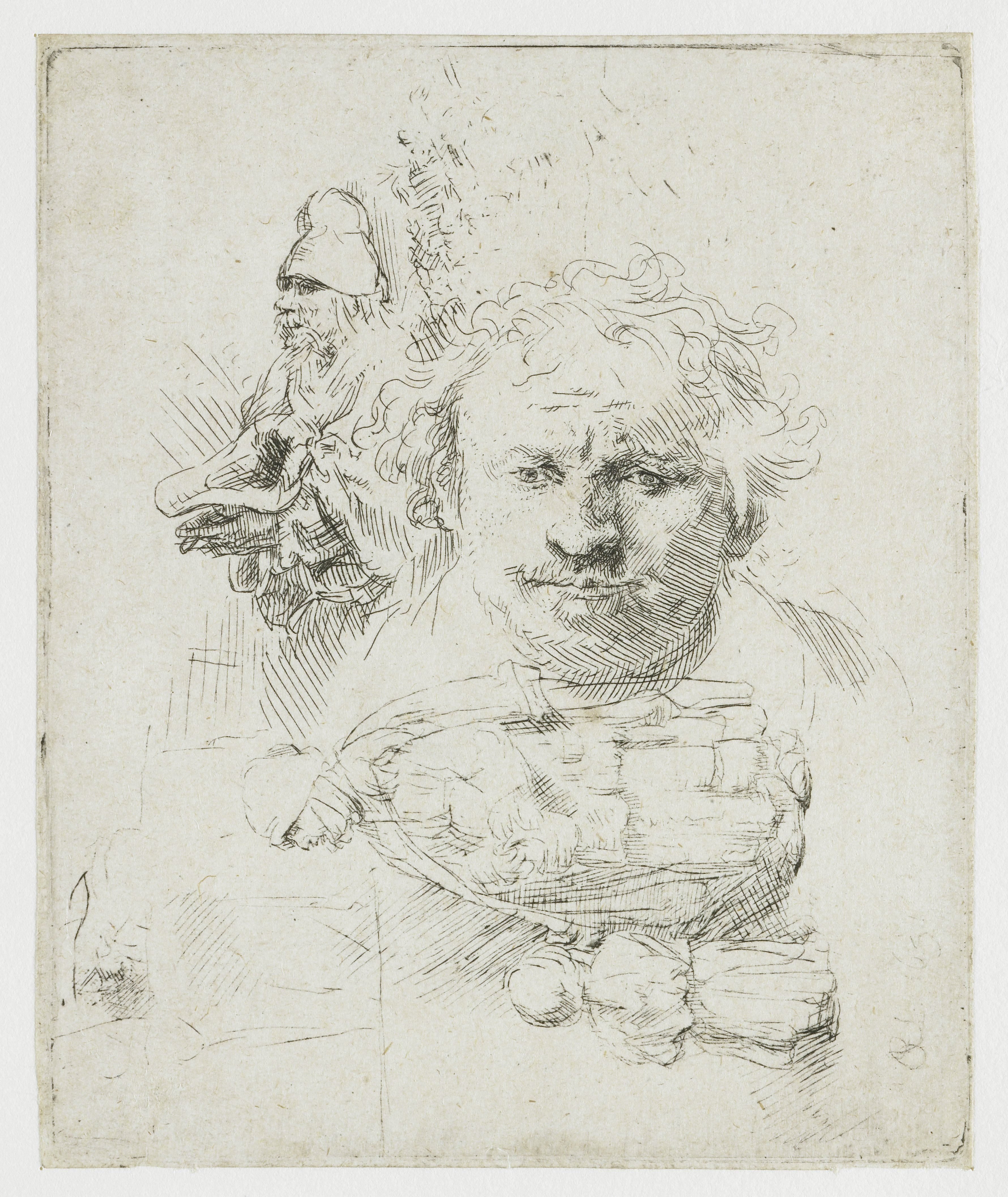 Sheet of studies with the head of the artist, a beggar man, woman and child