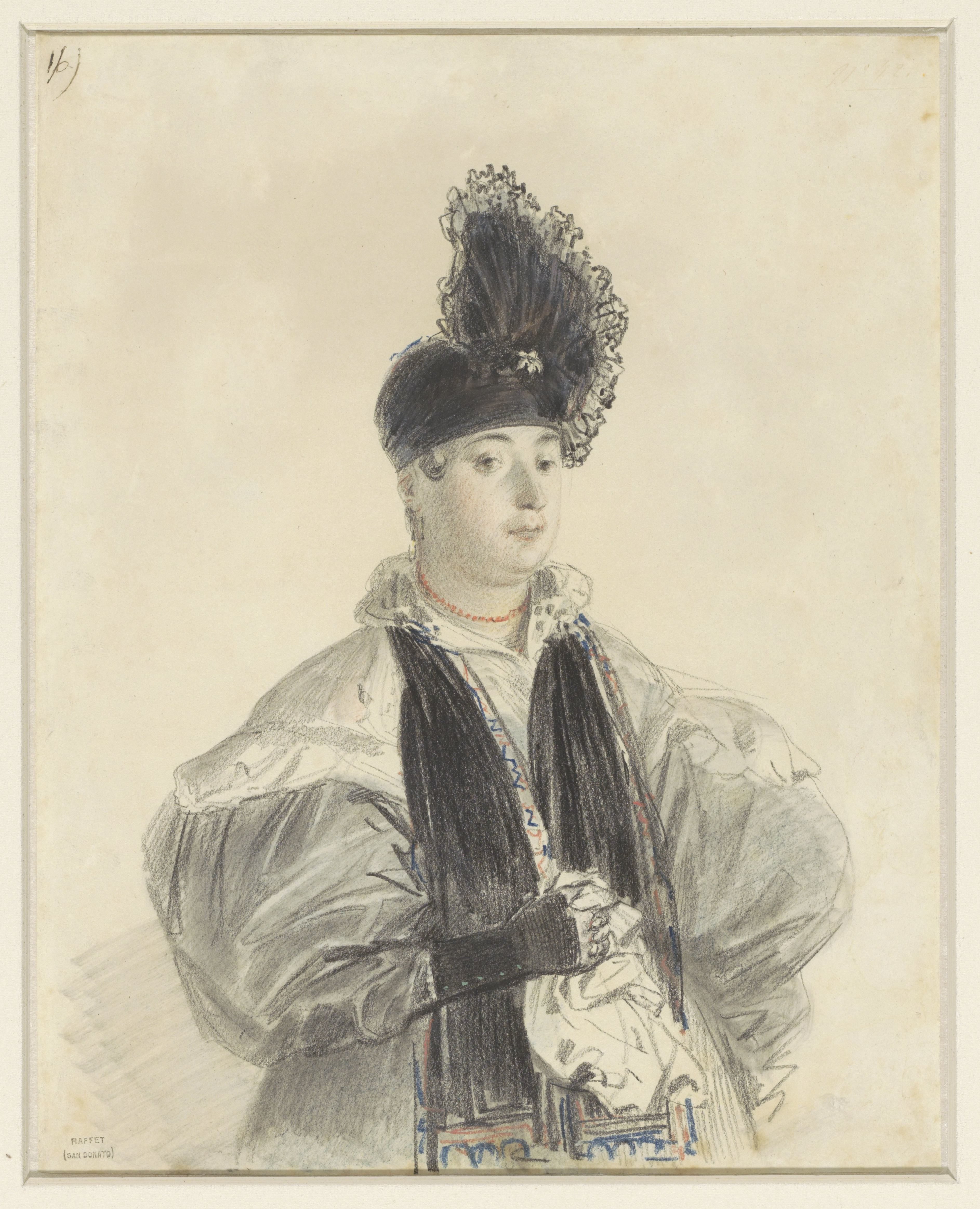 Portret van een staande dame met zwarte shawl en zwarte hoed