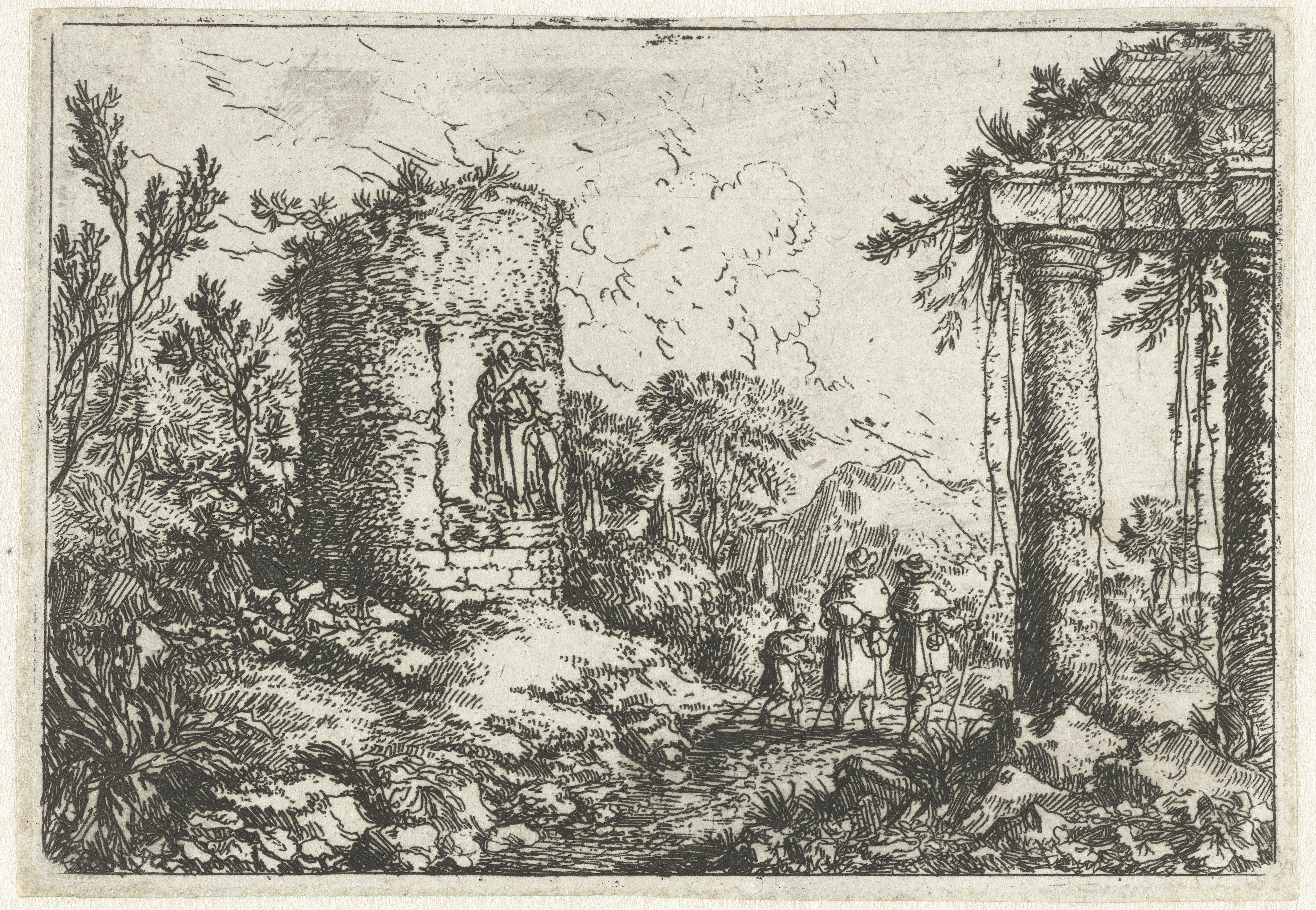 Landschap met ruïnes en drie pelgrims