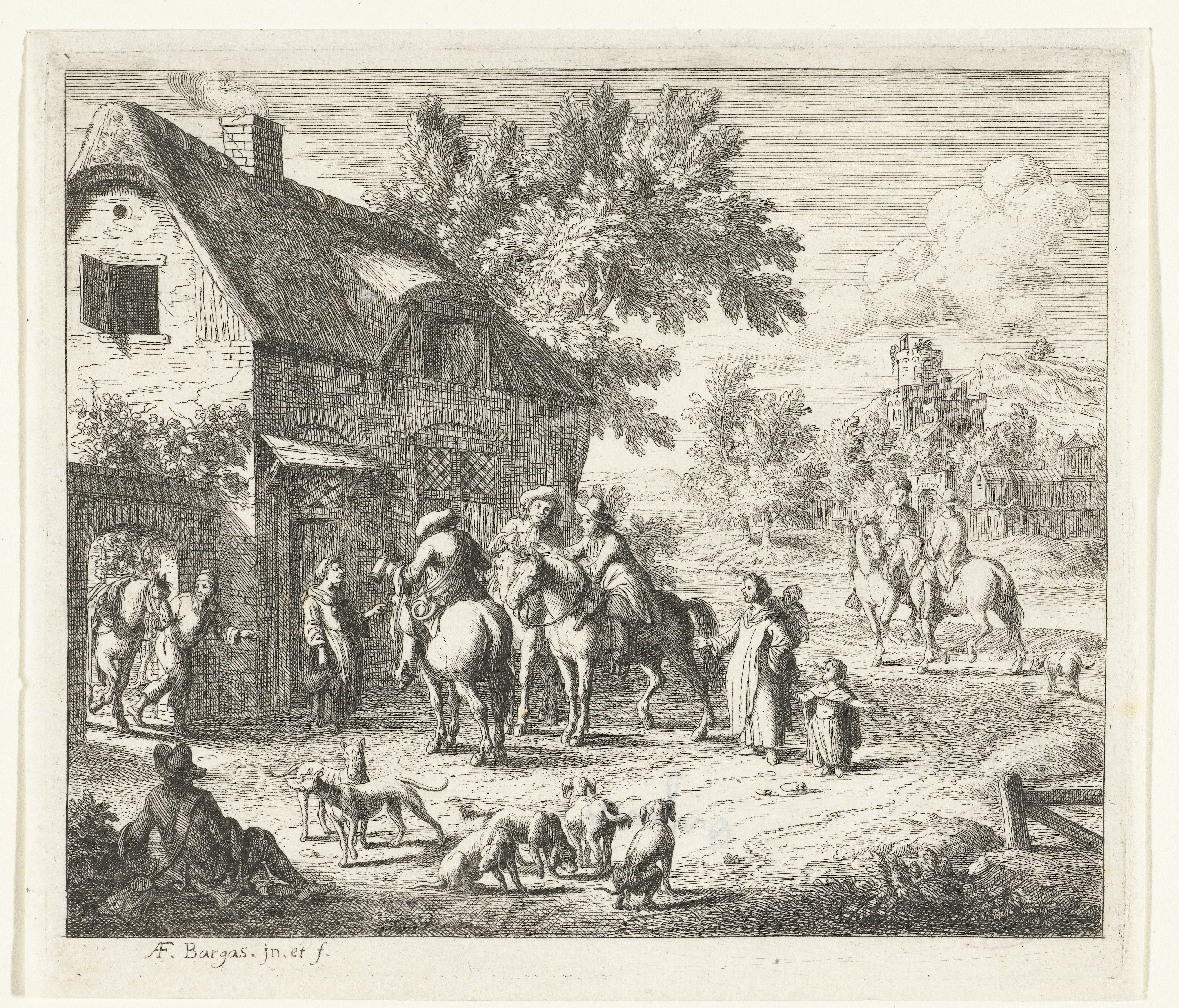 Landschap met drie jagers te paard en honden voor herberg