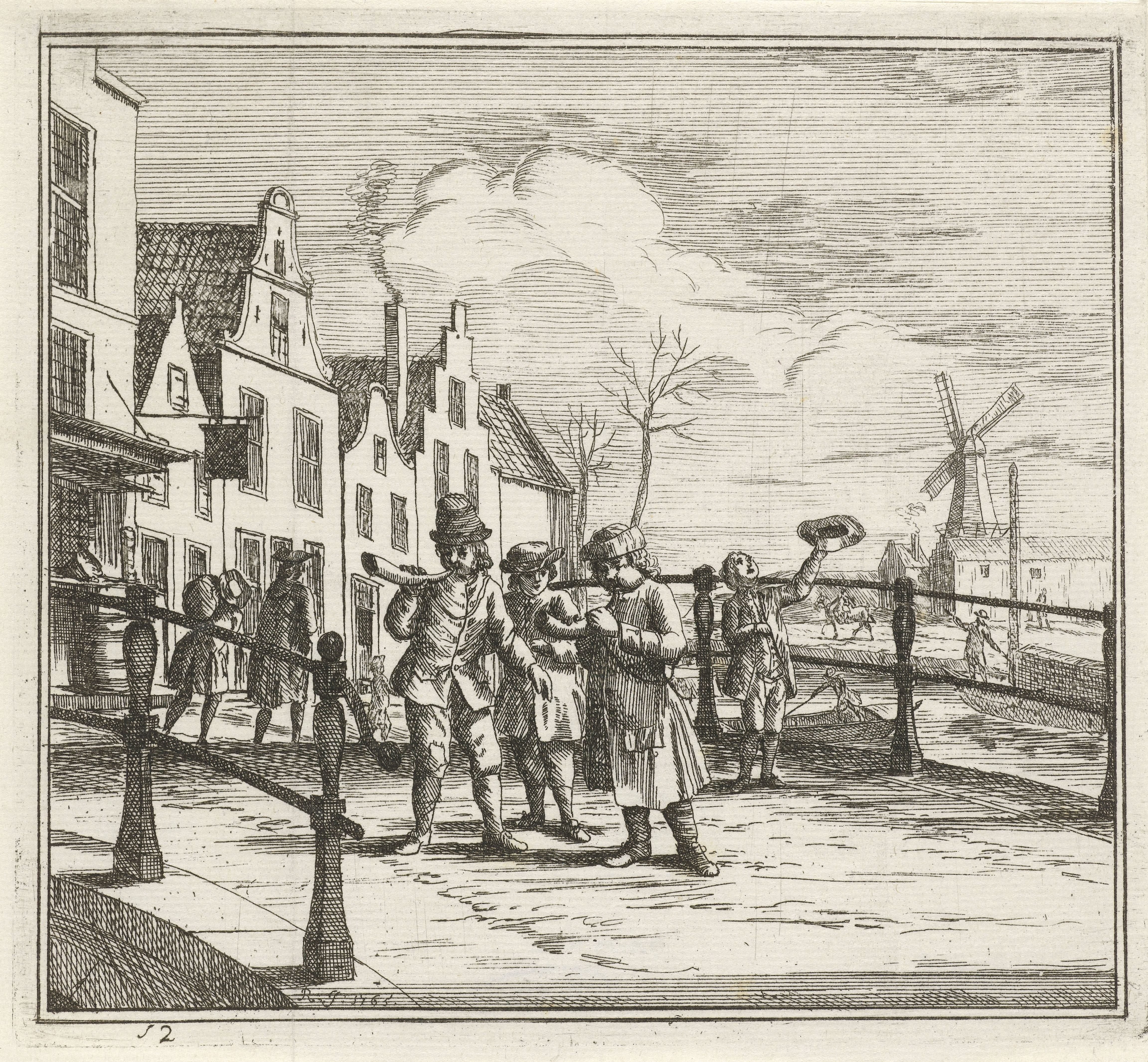 Stadsgezicht met hoornblazers op brug