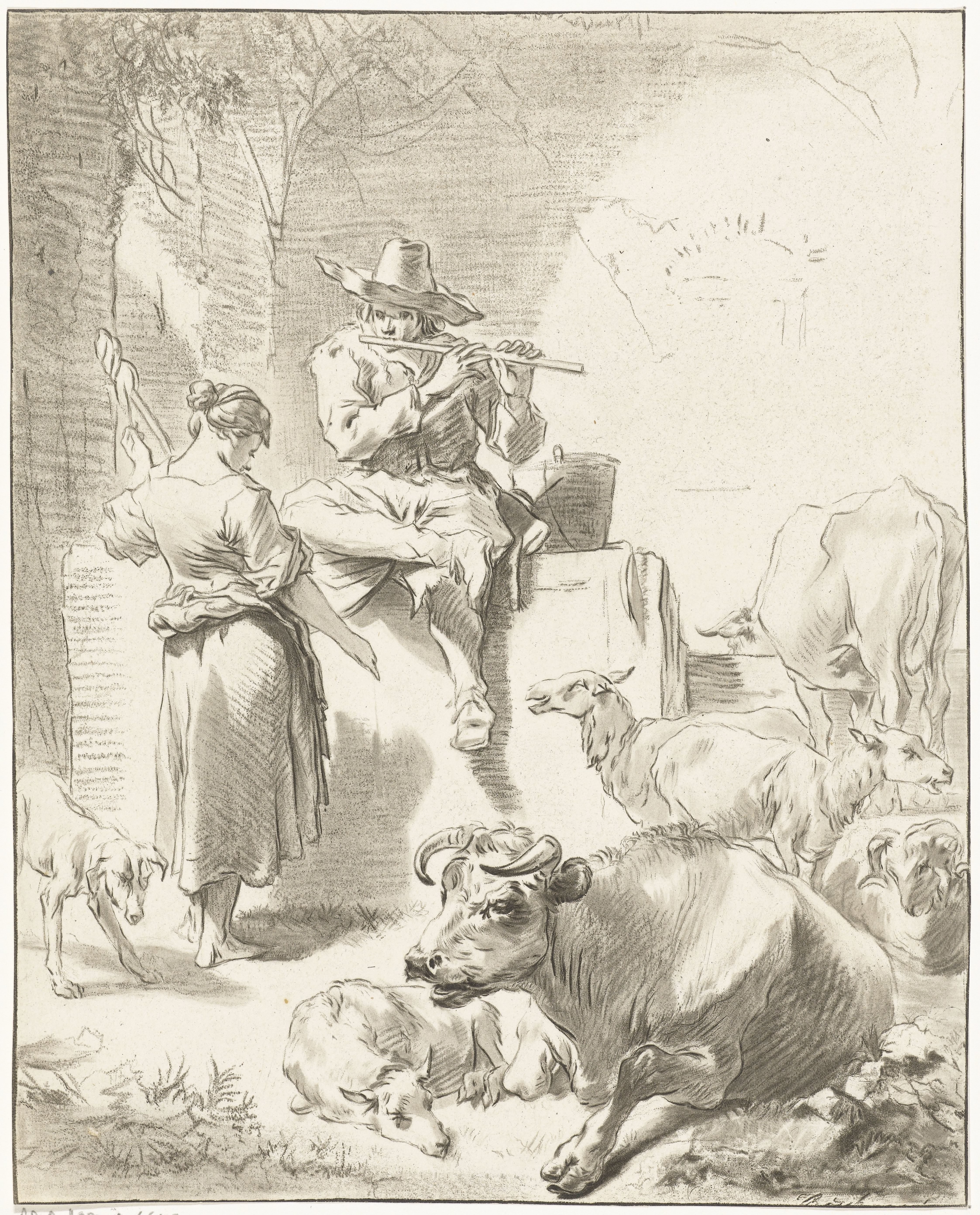Fluitspelende herder en spinnende herderin