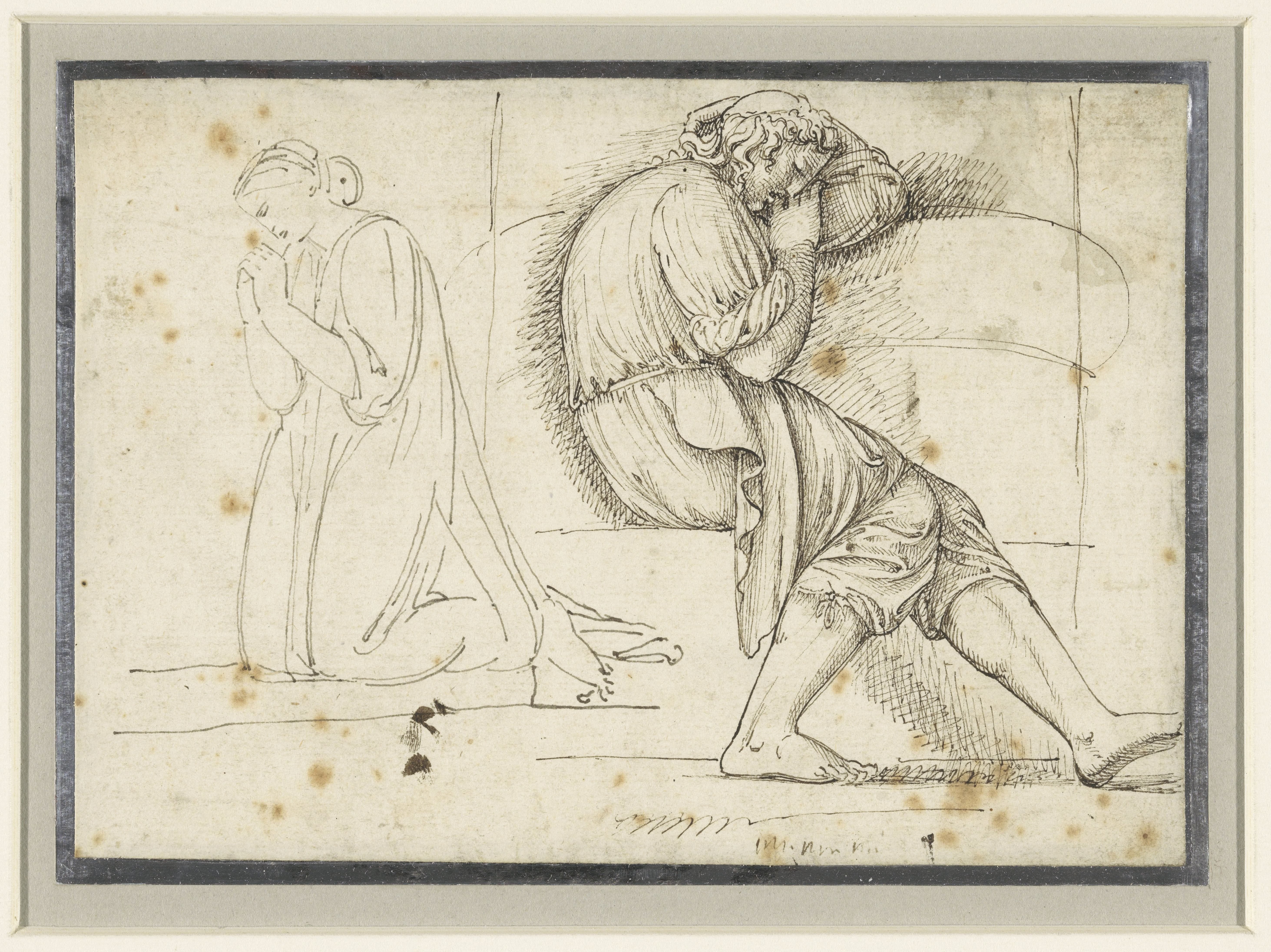 Studieblad met een slapende jongeman en een geknield biddende vrouw