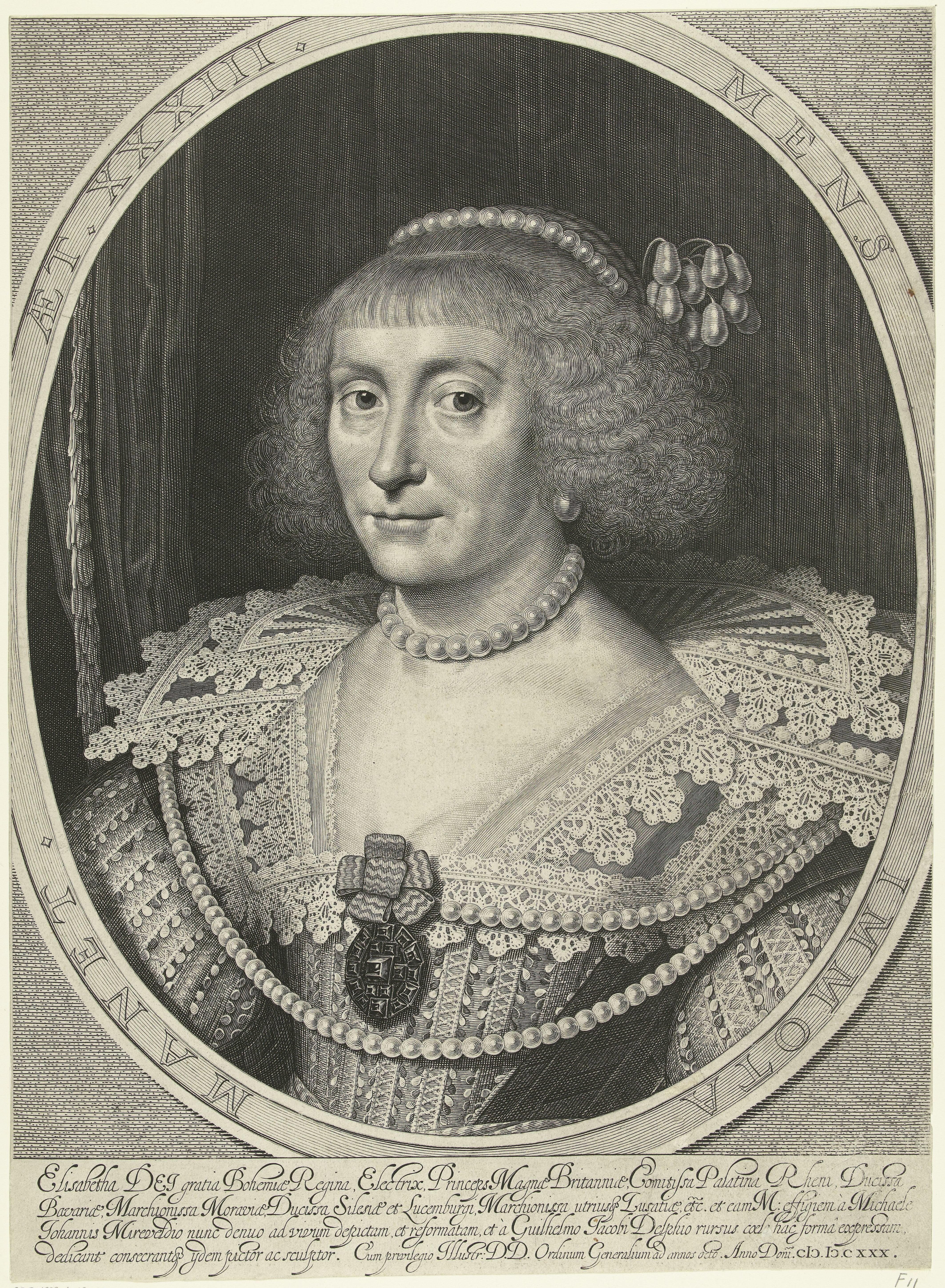 Portret van Elisabeth Stuart, keurvorstin van de Palts, koningin van Bohemen op 33-jarige leeftijd