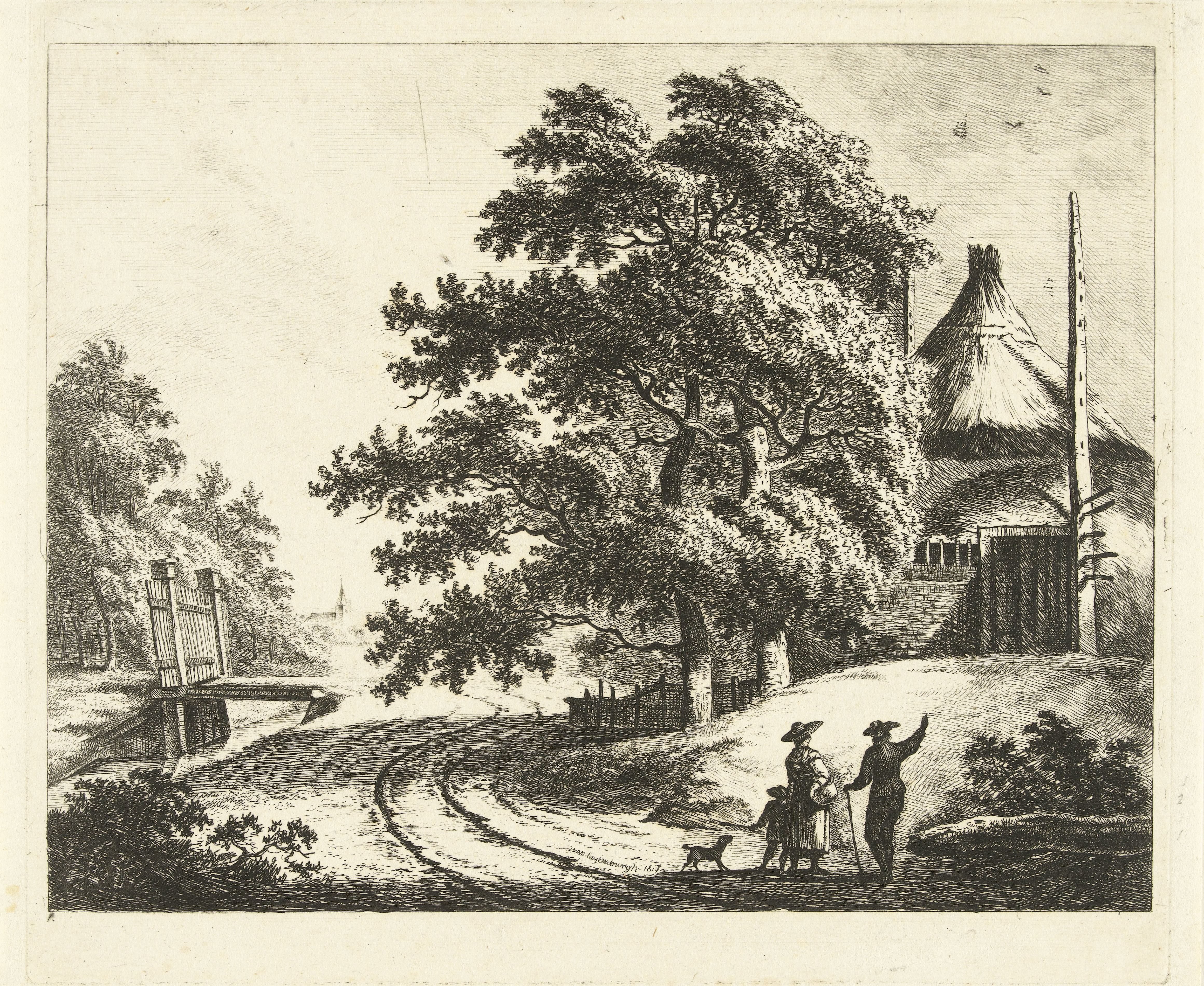 Landschap met hooimijt op terp aan weg langs sloot