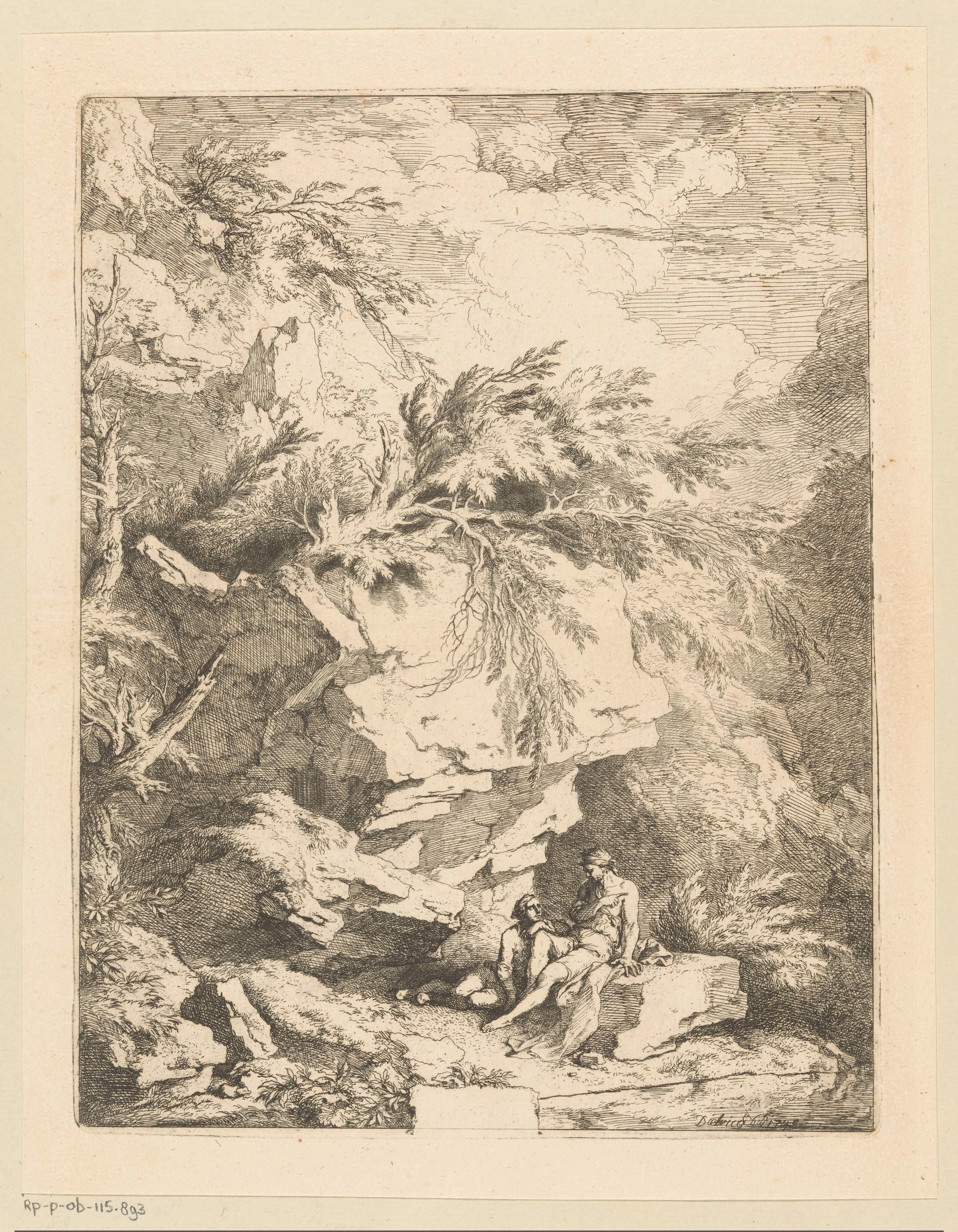 Rotslandschap met twee figuren rustend op een steen