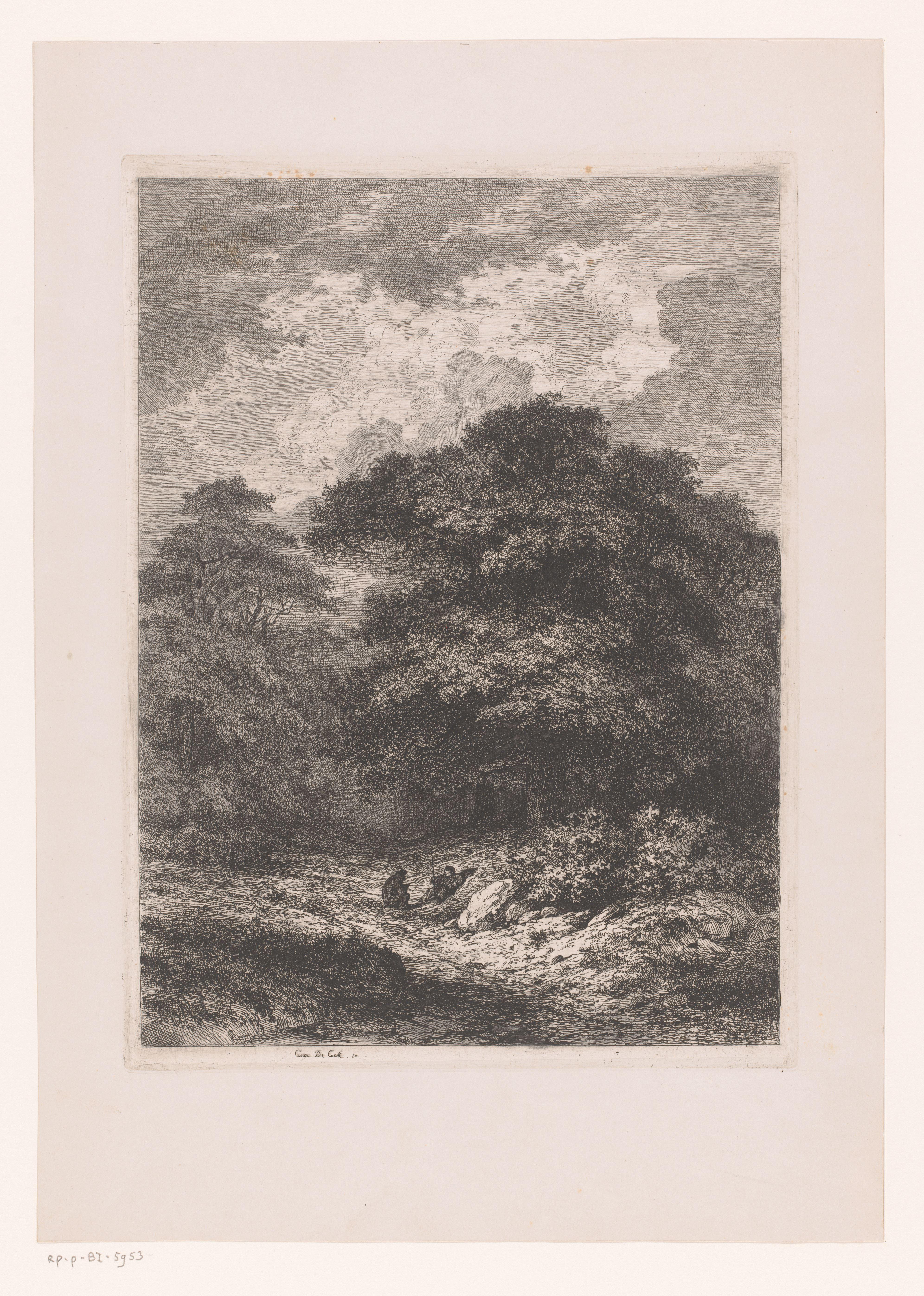 Landschap met twee rustende figuren voor een bos