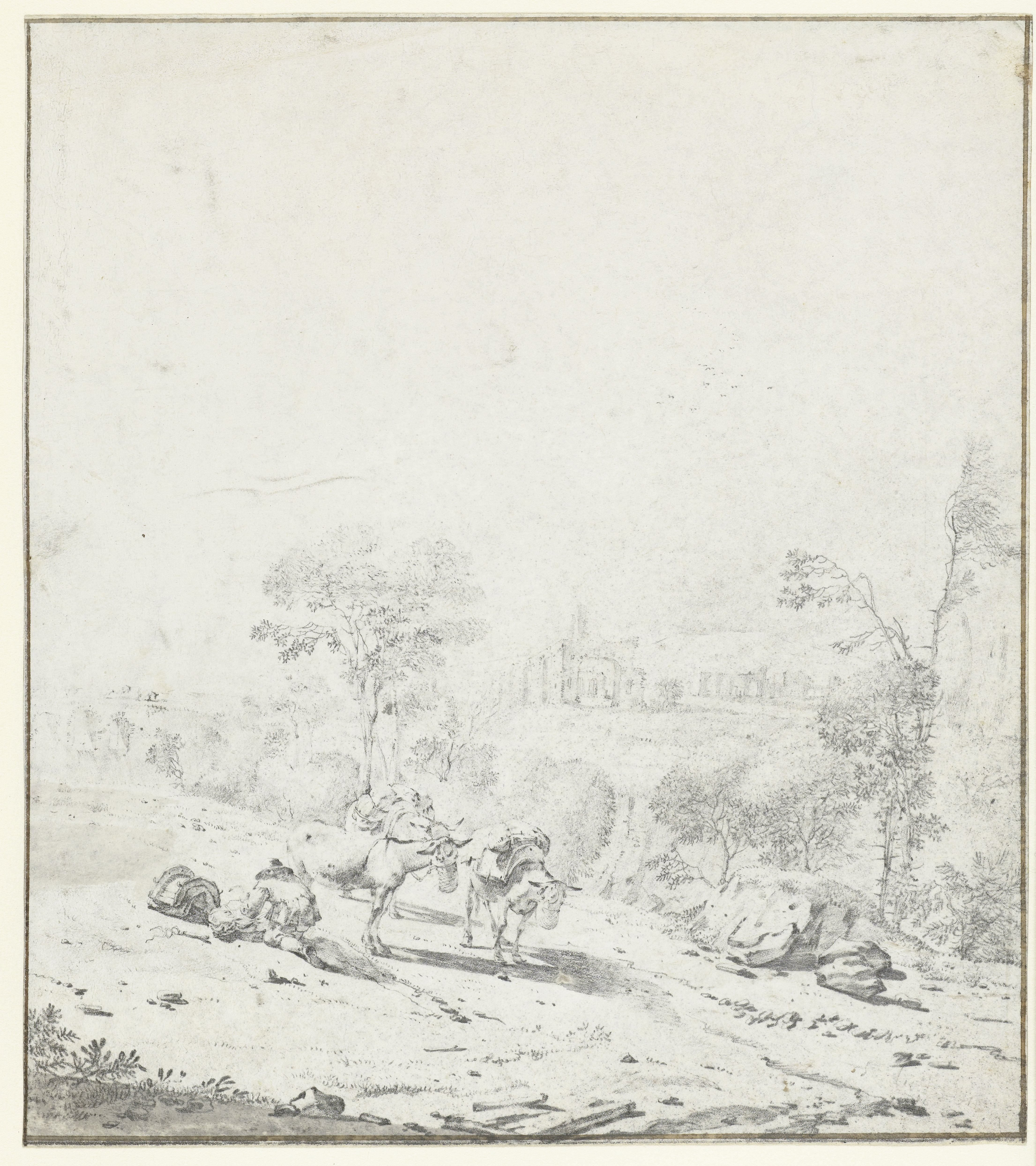 Italiaans landschap met rustende reiziger met ezels