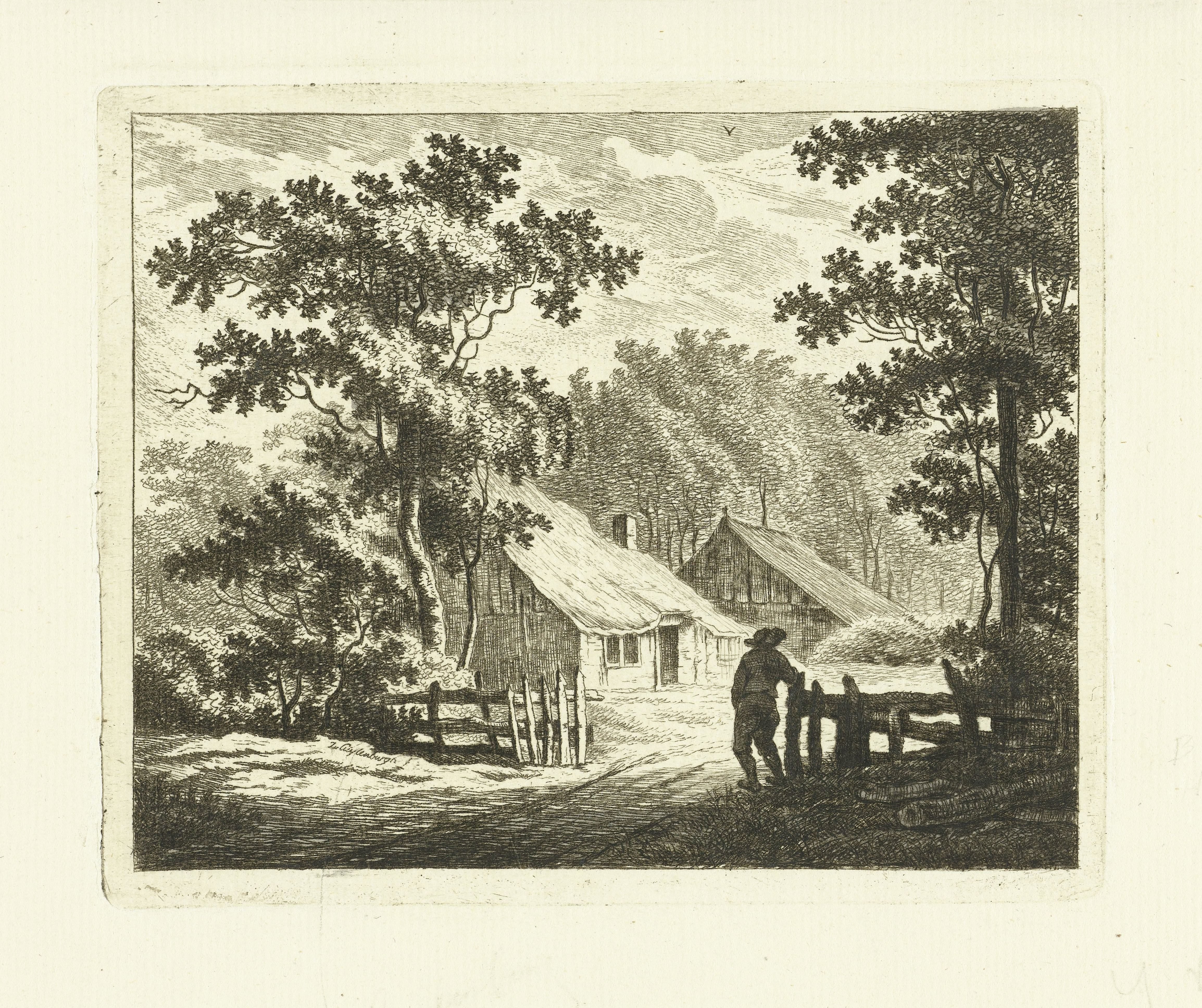 Landschap met boerderij en erf met hek