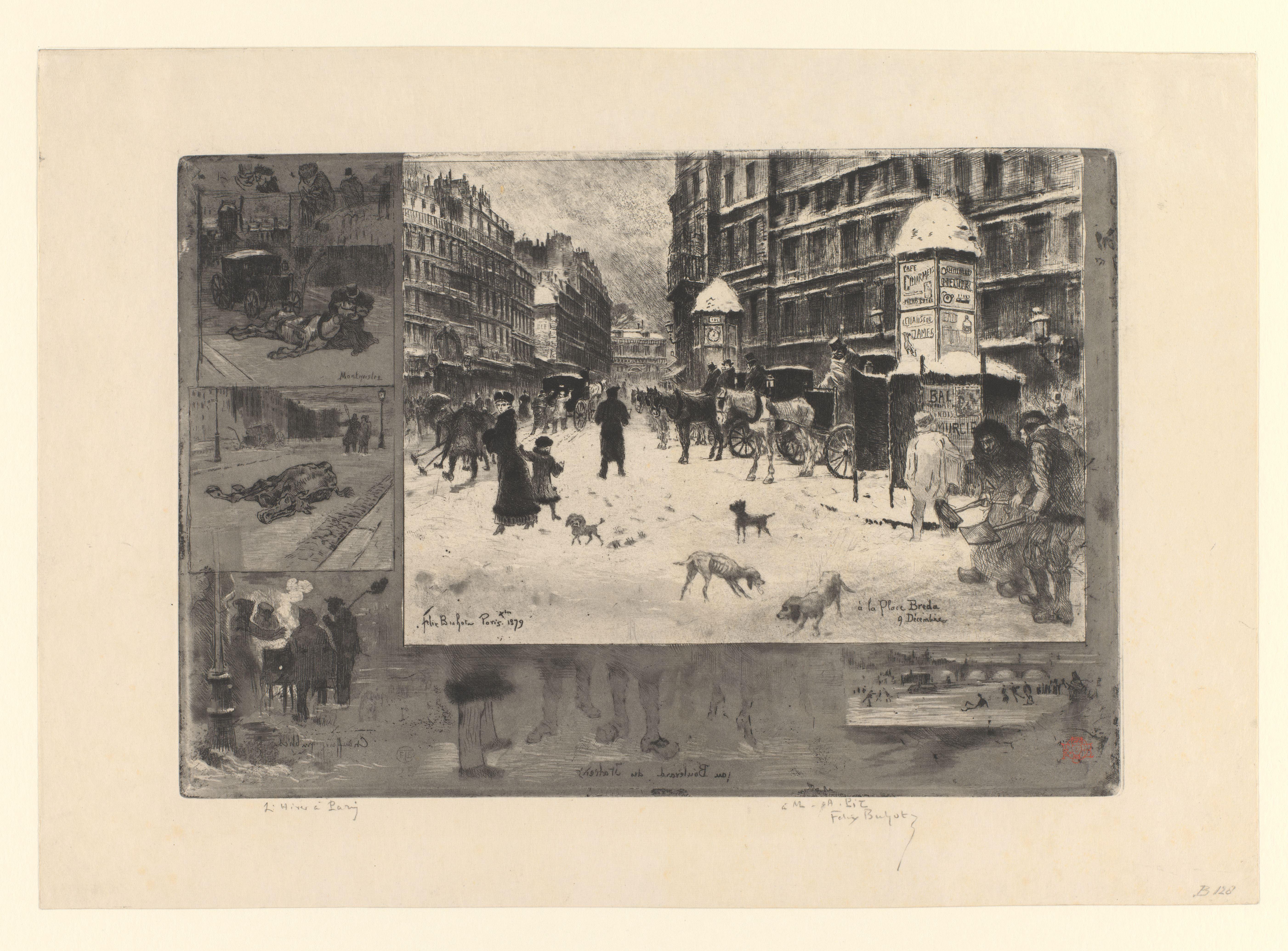 Gezicht op de Place Gustave-Toudouze in de sneeuw