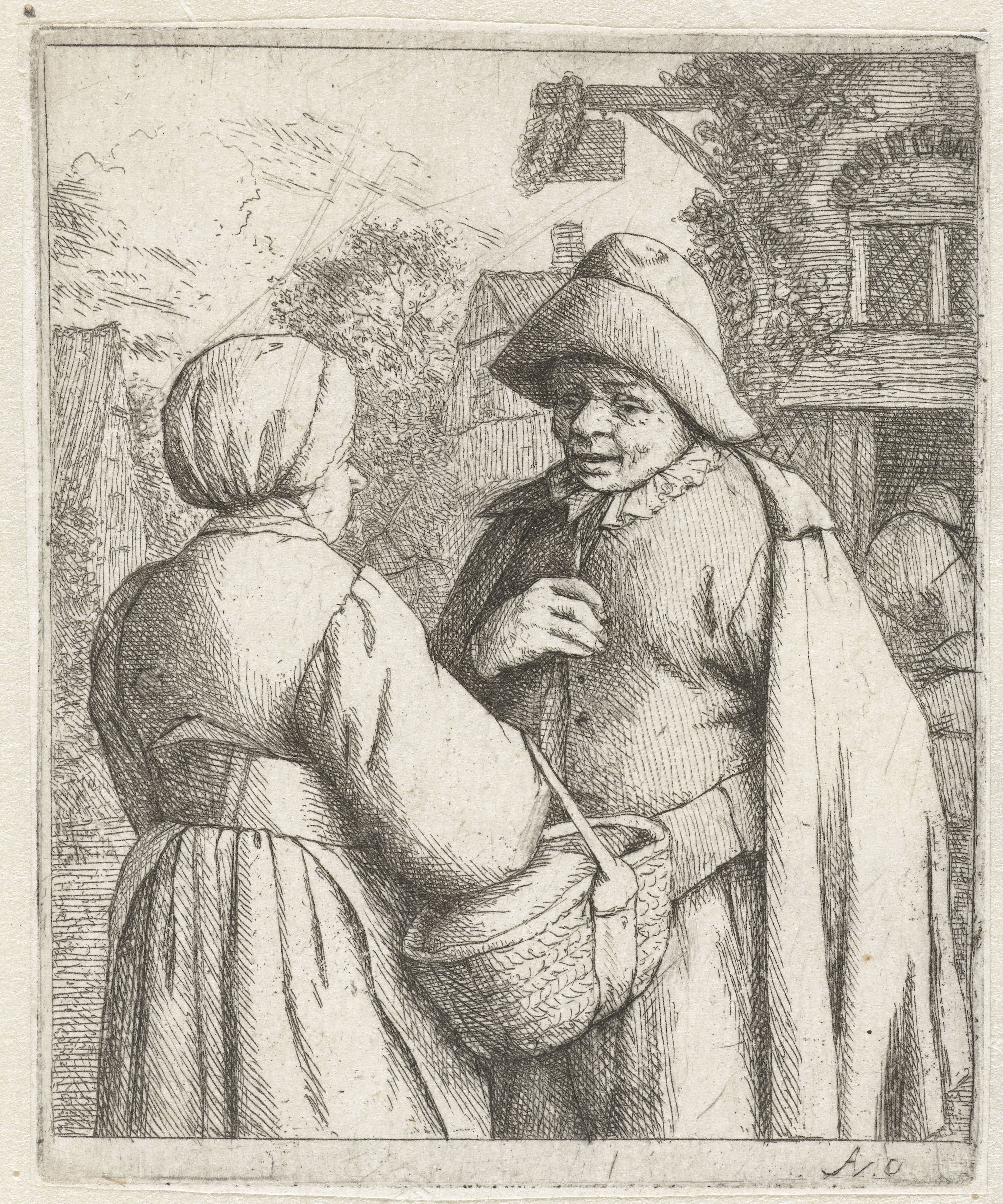 Man and Woman Conversing in Front of an Inn