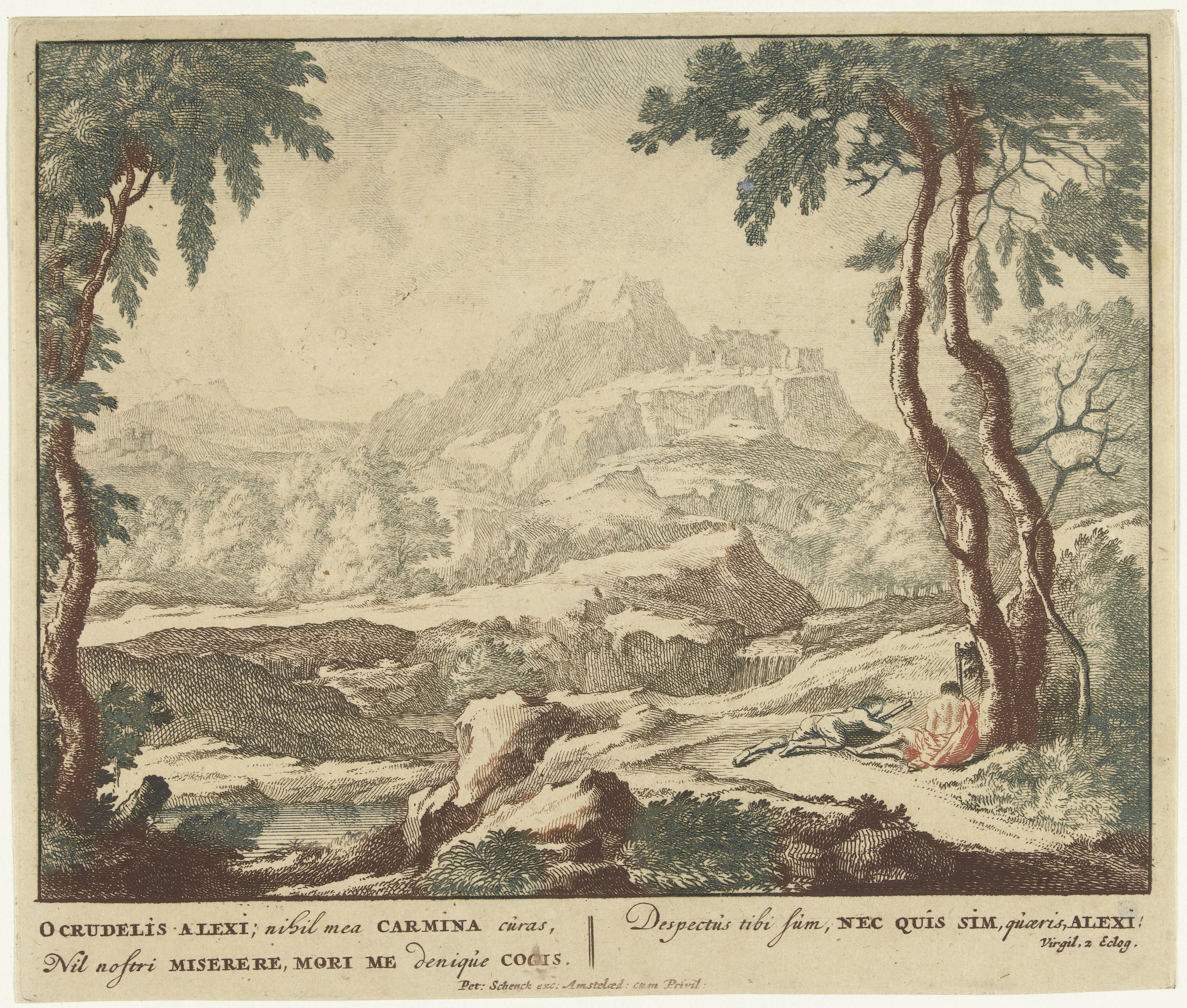 Landschap met twee herders bij een boom