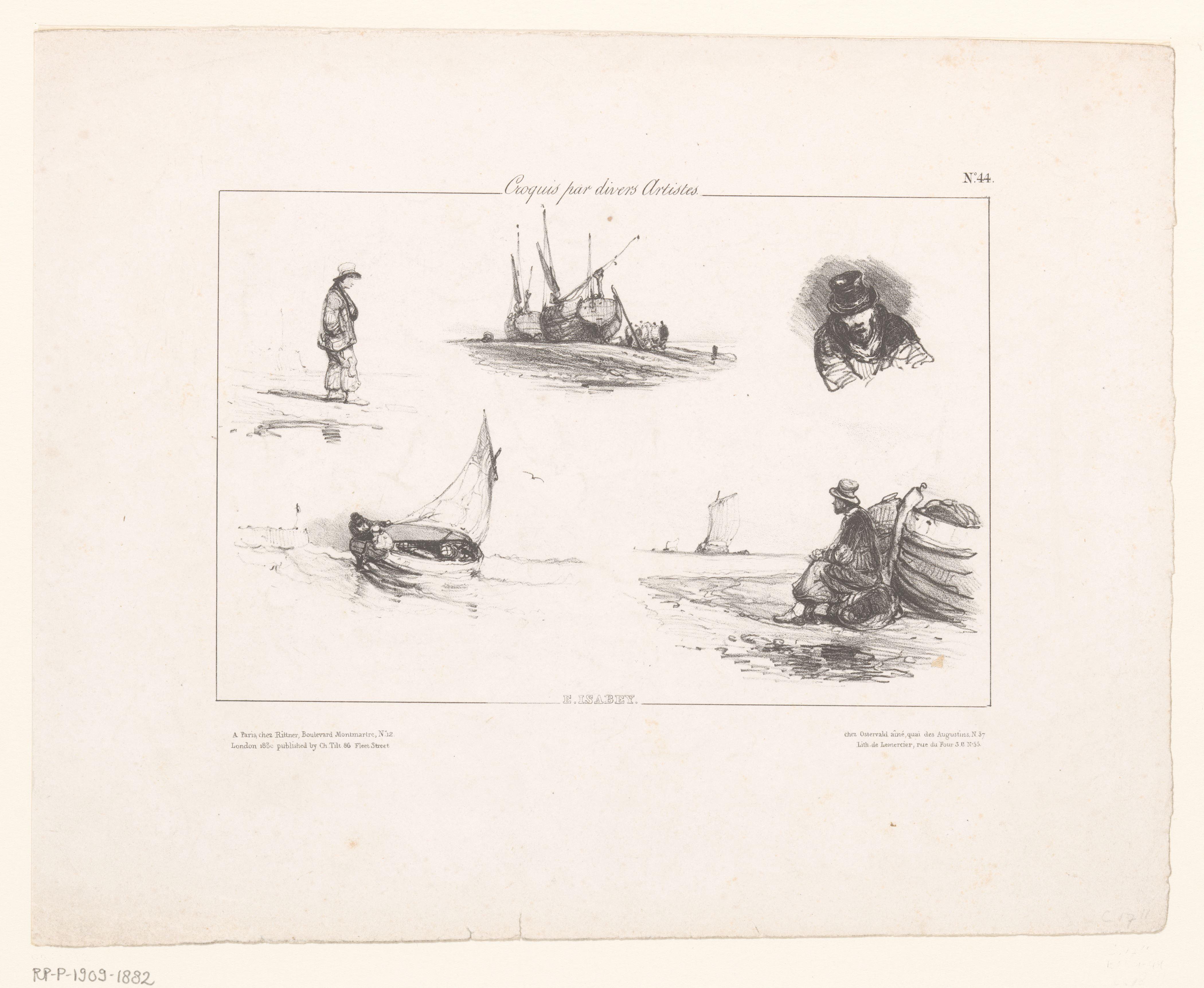 Vissers en vissersboten aan het strand