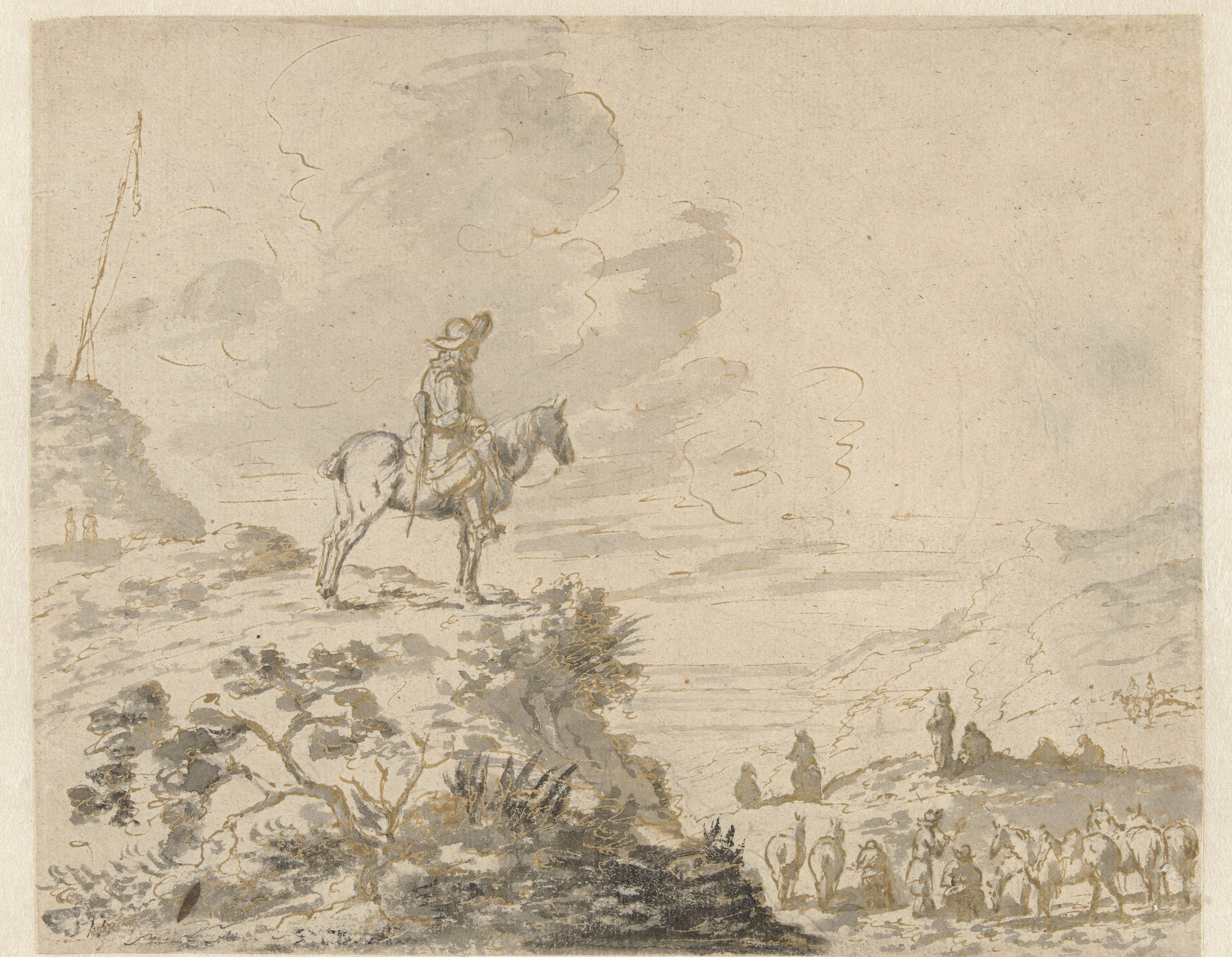 Mounted Sentry Overlooking a Panoramic Landscape with Soldiers and Horses