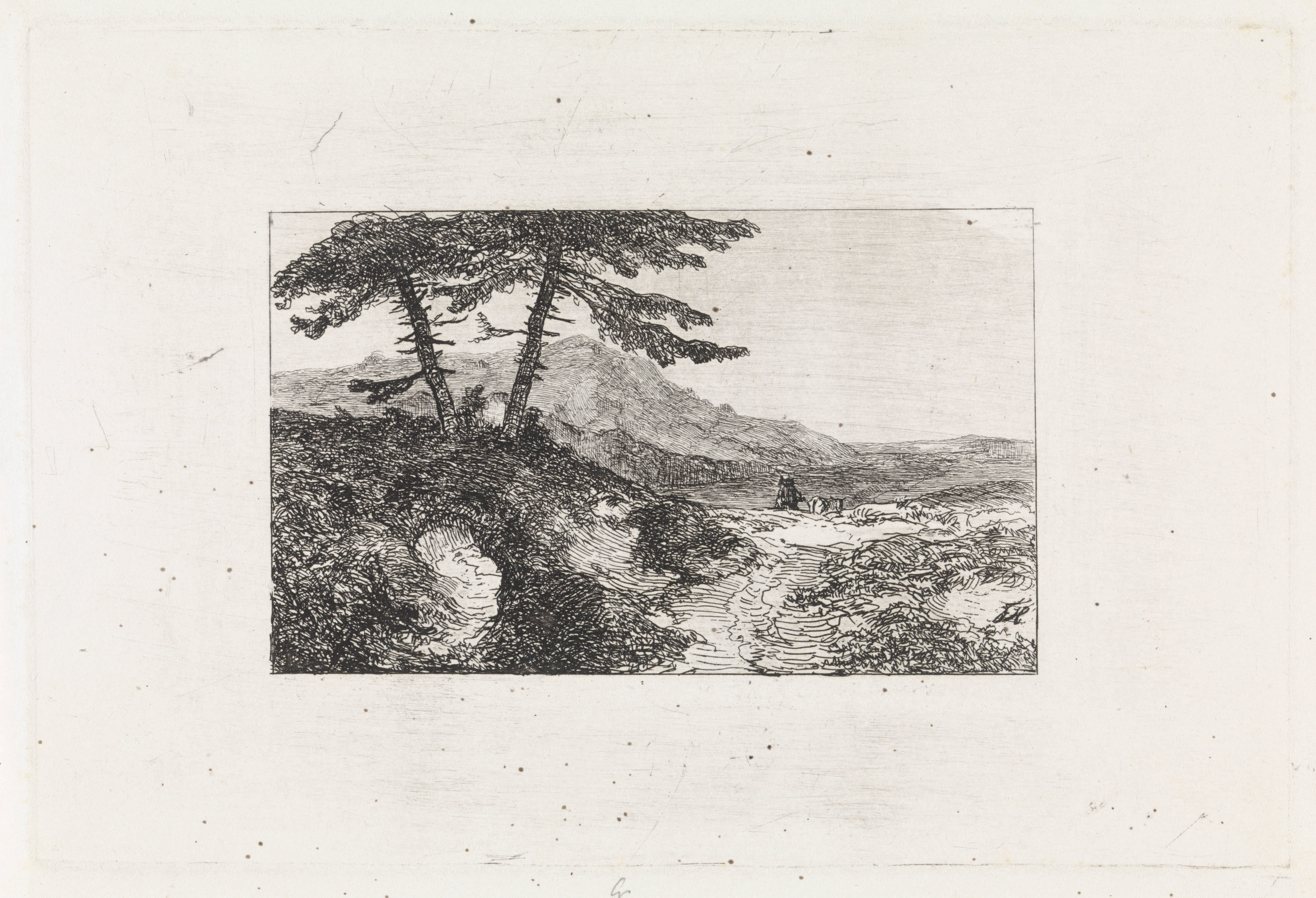 Landschap met twee dennen op een heuvel